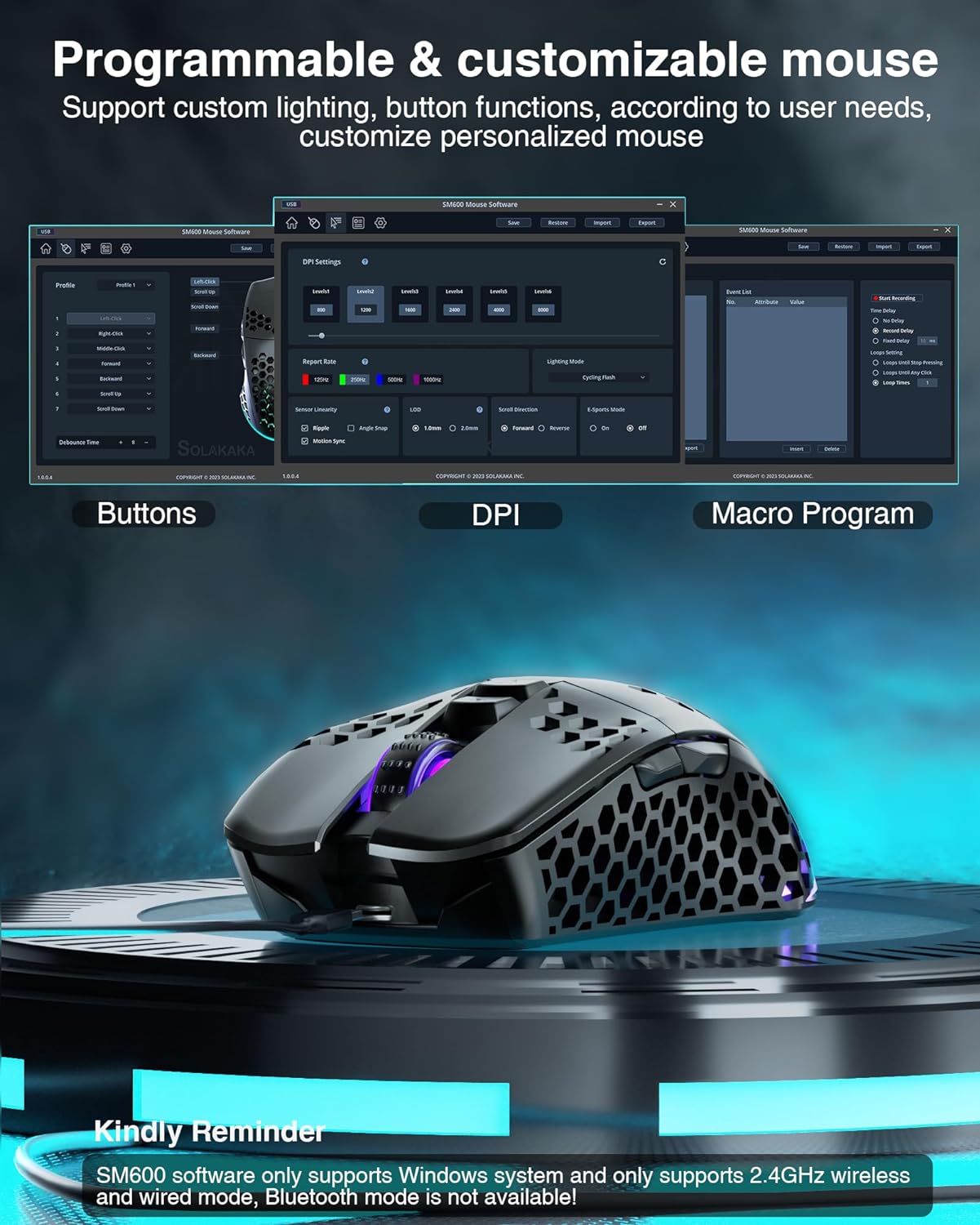 SM600 Honeycomb Shell Gaming Mouse Wireless,8000 DPI Tri-Modes BT5.1/2.4G Wireless/Type-C Wired Gamer Mouse with 2 Side Buttons, Macro Programmable and RGB Light for PC/Mac/Laptop,Black
