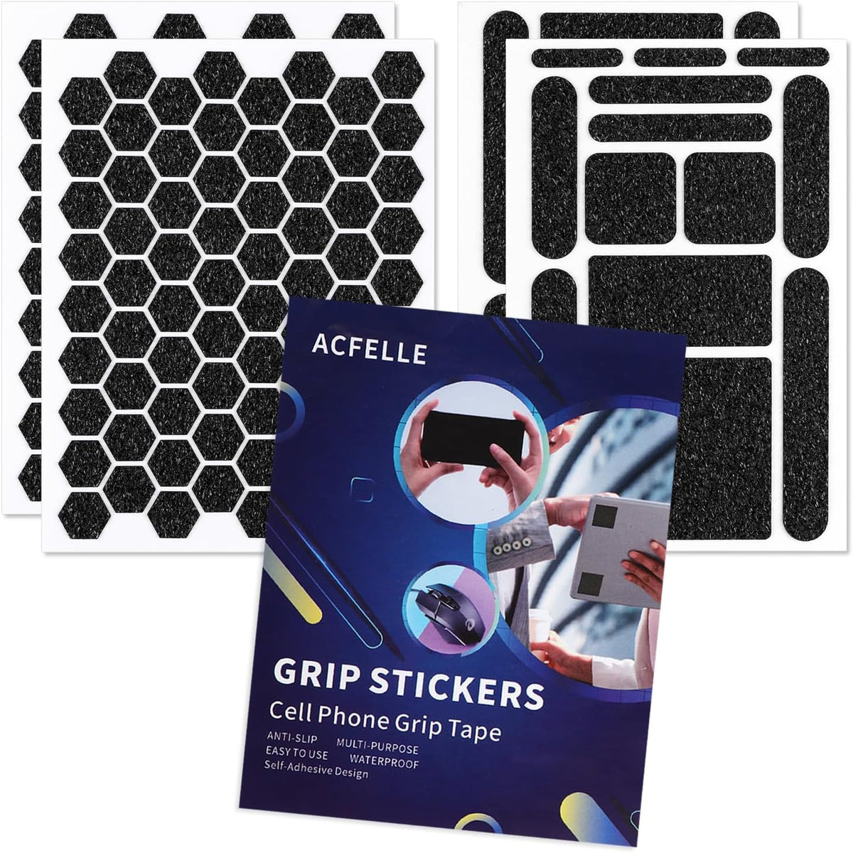 4Pack Phone Grip Tape, Finger Grip Stickers Decal Waterproof Pre-Cut Non Slip Kit Adhesive Traction for Cell Phone Cases, Handles, Tools (4Pack Black)