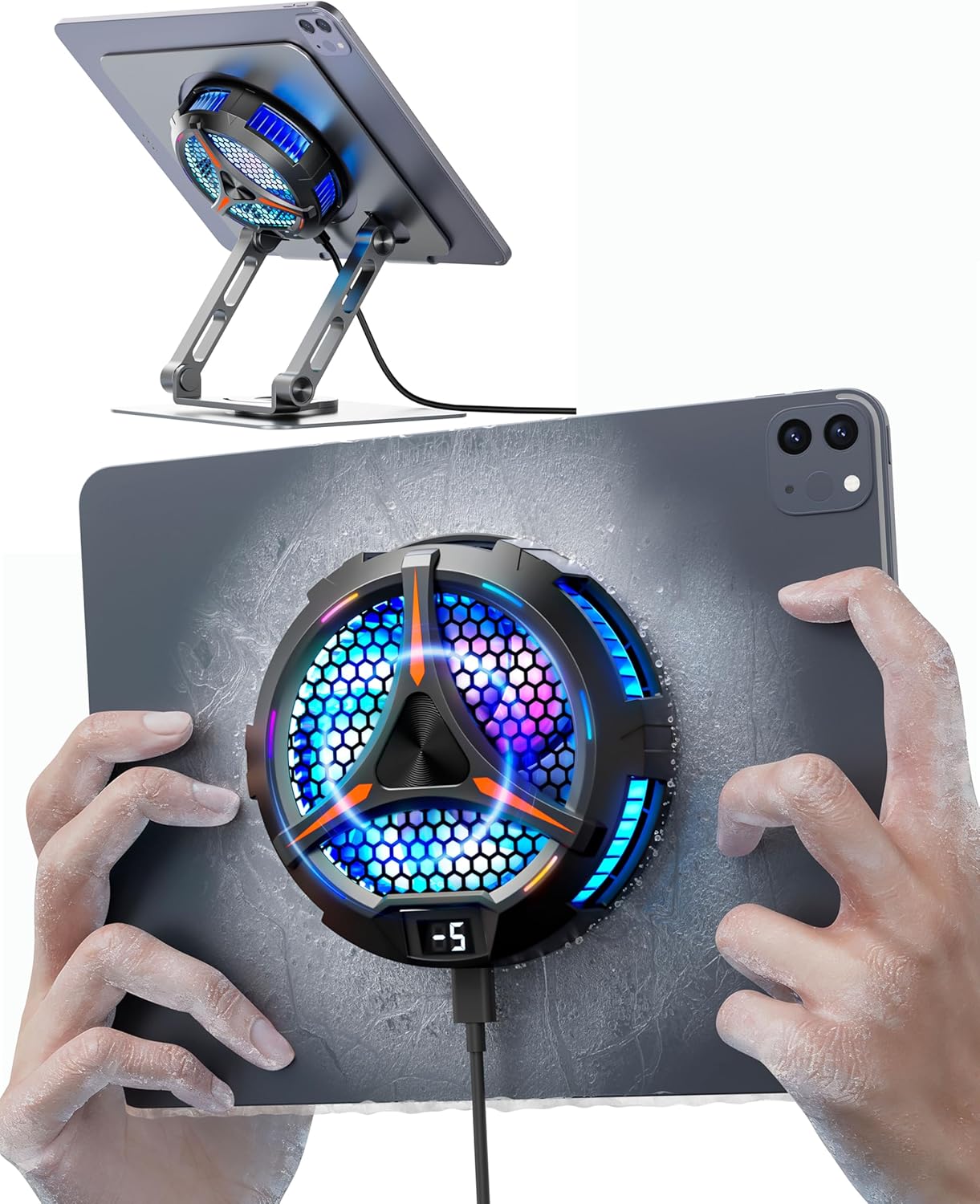 iPad Cooler,Magnetic Tablet Cooler for ipad/Surface pro/Samsung Tab,Universal Radiator with Temperature Display for Mobile Gaming,Tiktok Live Streaming(Including Tablet Stand Holder)