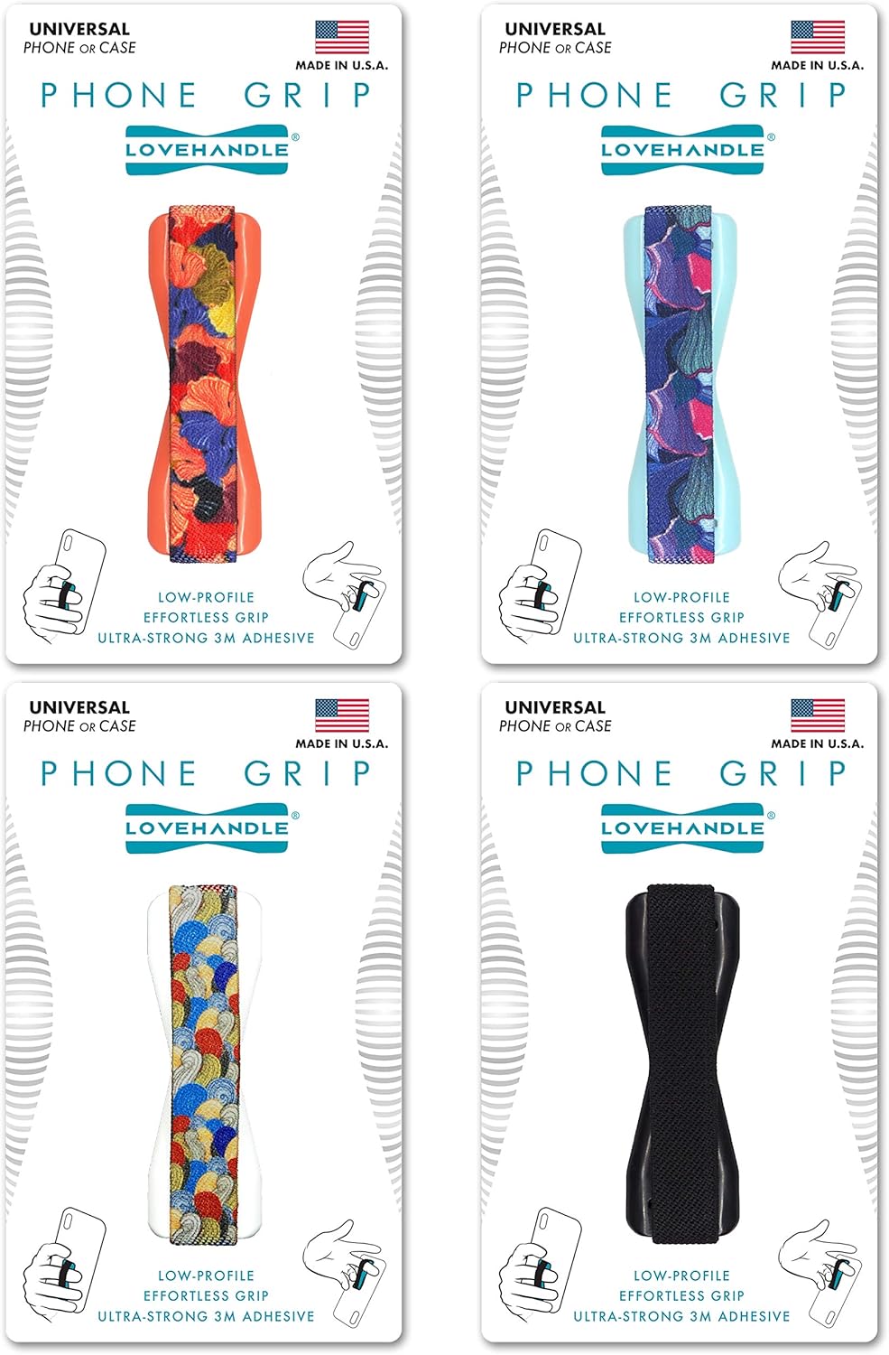 LOVEHANDLE Universal Phone Grip for Most Smartphones, Mini Tablets and Cases, Swirl Design Elastic Strap with Colored Base, 4 Piece Value Pack
