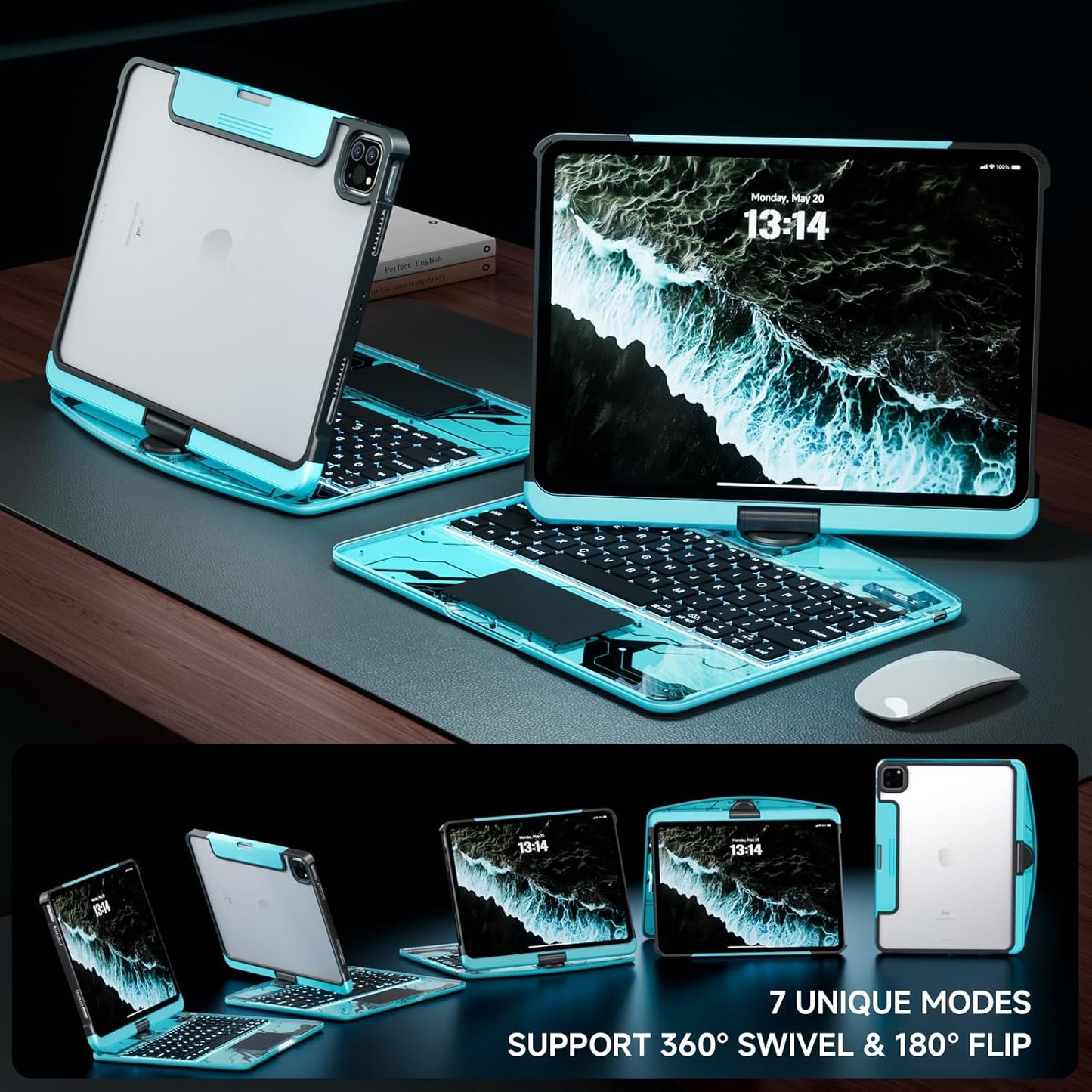 Transparent Case with Keyboard iPad Air (M3/M2,2025/2024) 11 Inch,Compatible 10.9" iPad Air 5th/4th & 11" iPad Pro 4/3/2/1,7-Color Backlit,Wireless Keyboard, 360°Rotating,with trackpad,Blue