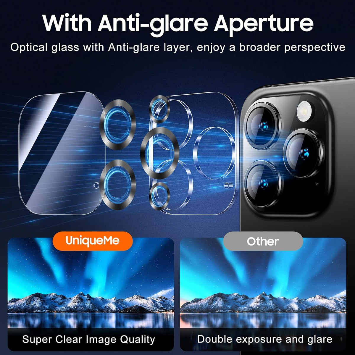 UniqueMe for 3 Pack iPhone 16 Pro/iPhone 16 Pro Max Camera Lens Protector - [Drop Protection] [Case Friendly] 9H Tempered Glass Camera Cover Screen [Update New Version] - Matte Black