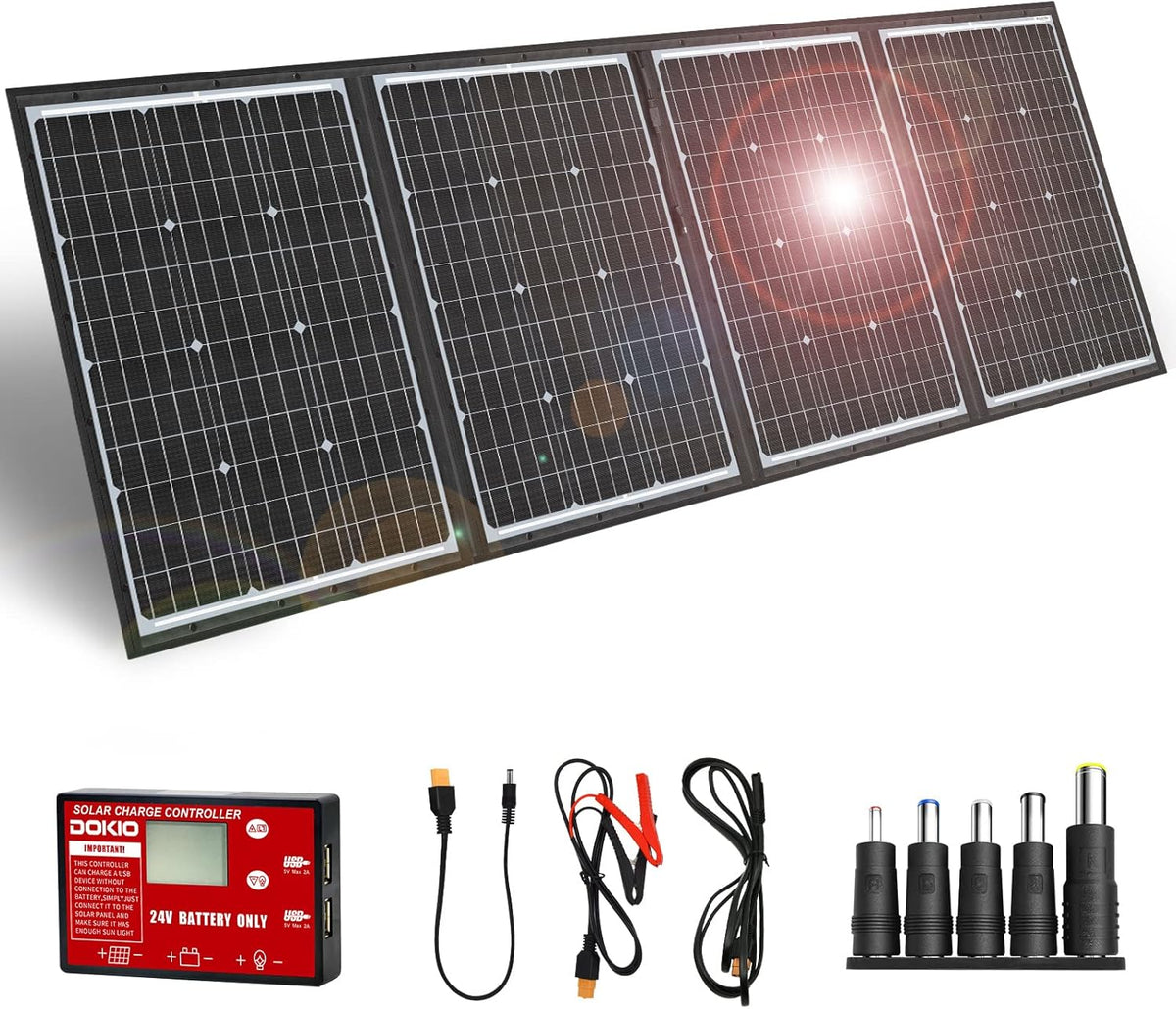 DOKIO 200W 36V Portable Folding Solar Panel Kit for 24V Batteries & Power Stations Lightweight Flexible Charger for AGM, LiFePO4, Deep Cycle — RV, Trailer, Truck, Boat, Camping, Van, Emergency