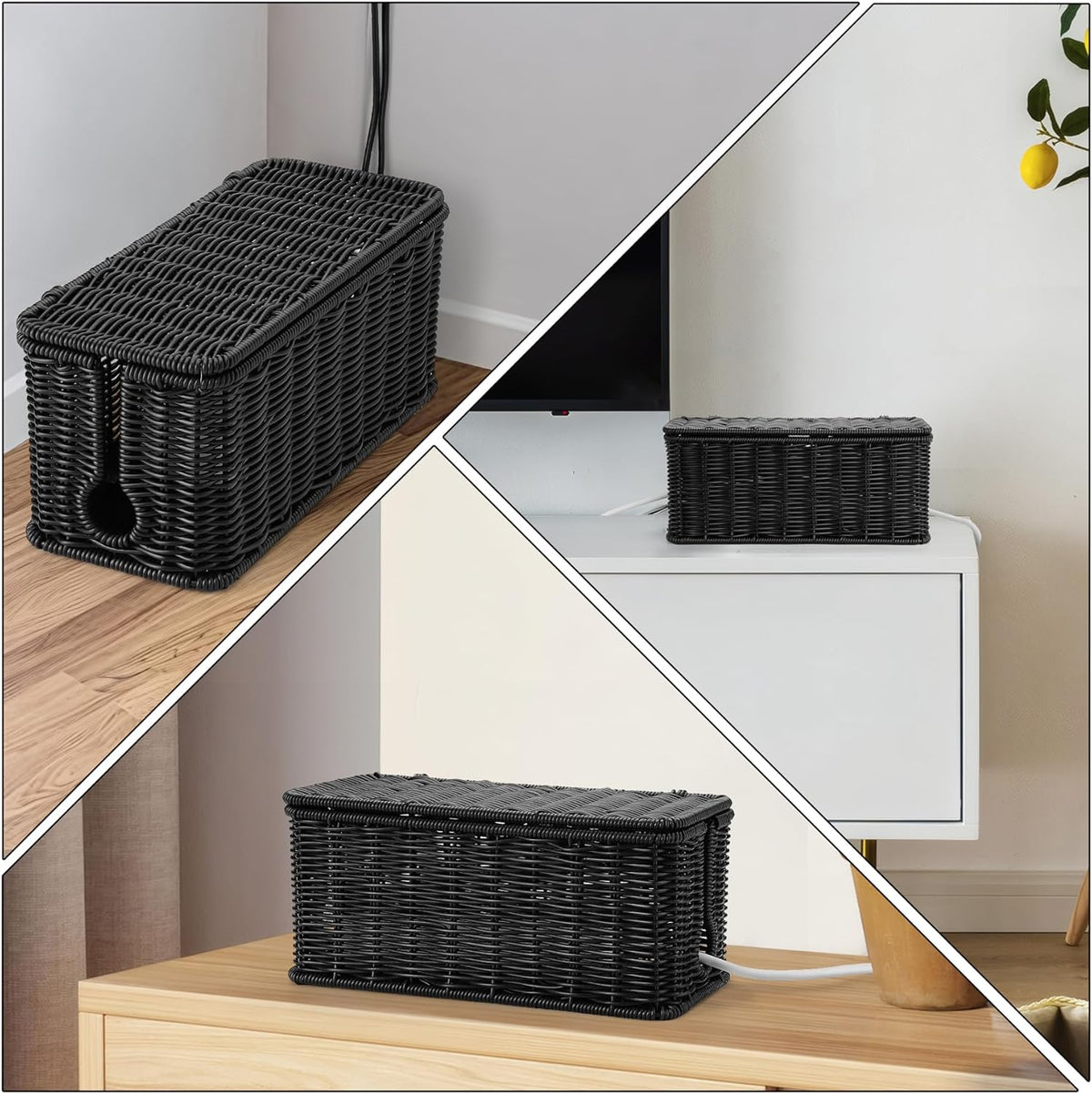 2Pack Large Cable Management Box Black, Handwoven Imitation Rattan Cord Organizer Cord Hider, Desk Cord Management Box to Hide Cords and Power Strips on Desk or Floor