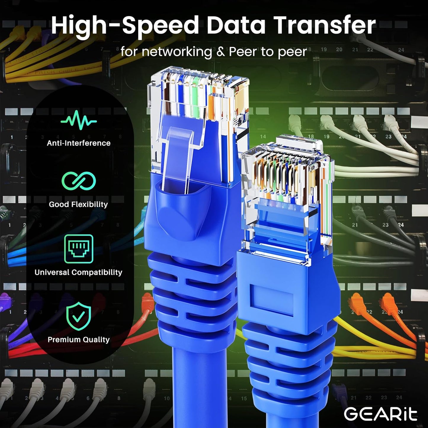 GearIT Cat 6 Ethernet Cable Pack - 24-Pack 2 ft Cat6 Ethernet Patch Cables | RJ45 Network Patch Cable, 10 Gbps Snagless Gold-Plated Connectors - Ethernet Cable Cat 6 for PC, TV, Router - Blue