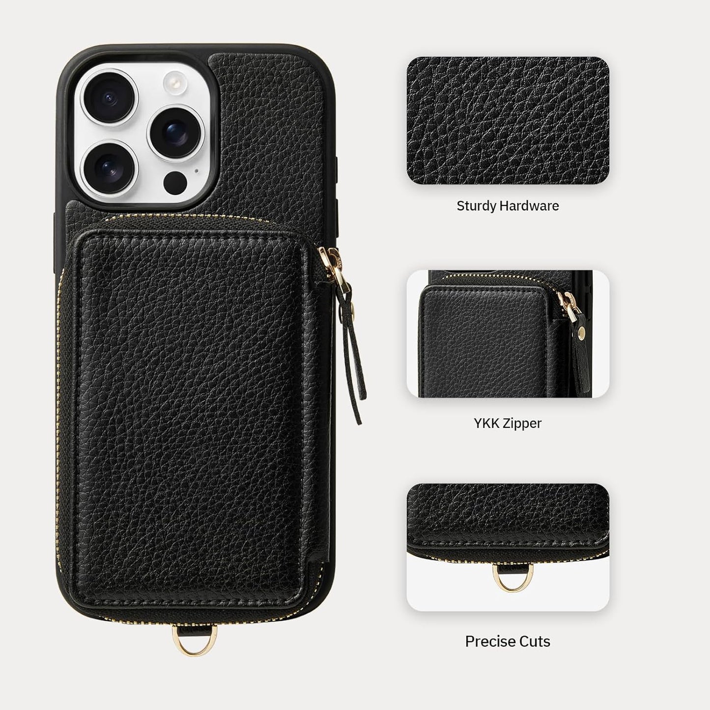 ZVE Wallet Case for iPhone 15 Pro, Phone Case with Card Holder with Wrist Strap RFID Blocking Zipper Leather Cover for Women for iPhone 15 Pro, 6.1"(2023) - Black