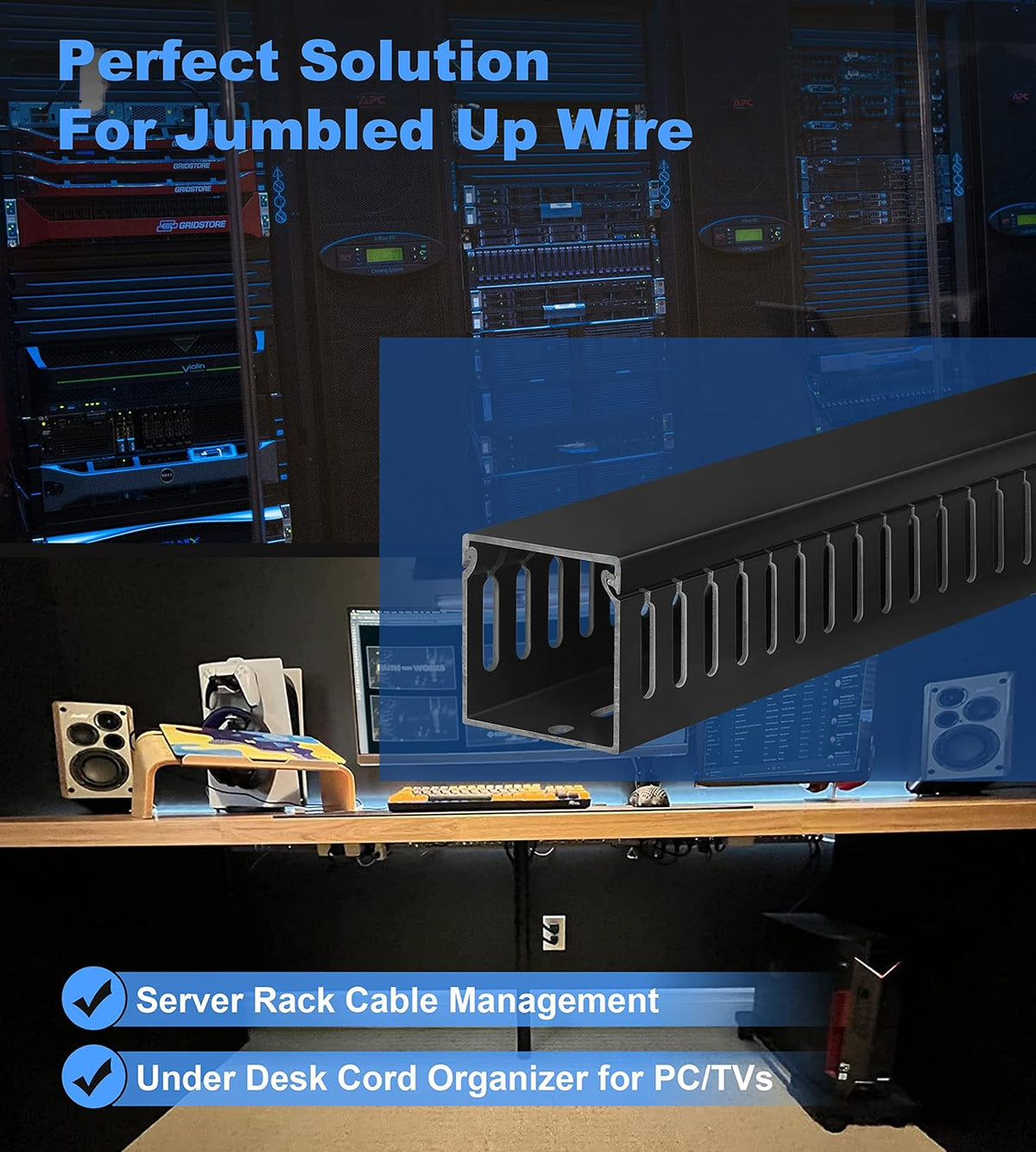 ZhiYo 66in(4X L16.5in) Professional Server Rack Cable Management Raceway, H2in x W2in Cable Raceway Kit, Electrically Safe PVC Open Slot Wire Raceway for Under Desk/Computer/Network Cords, Black