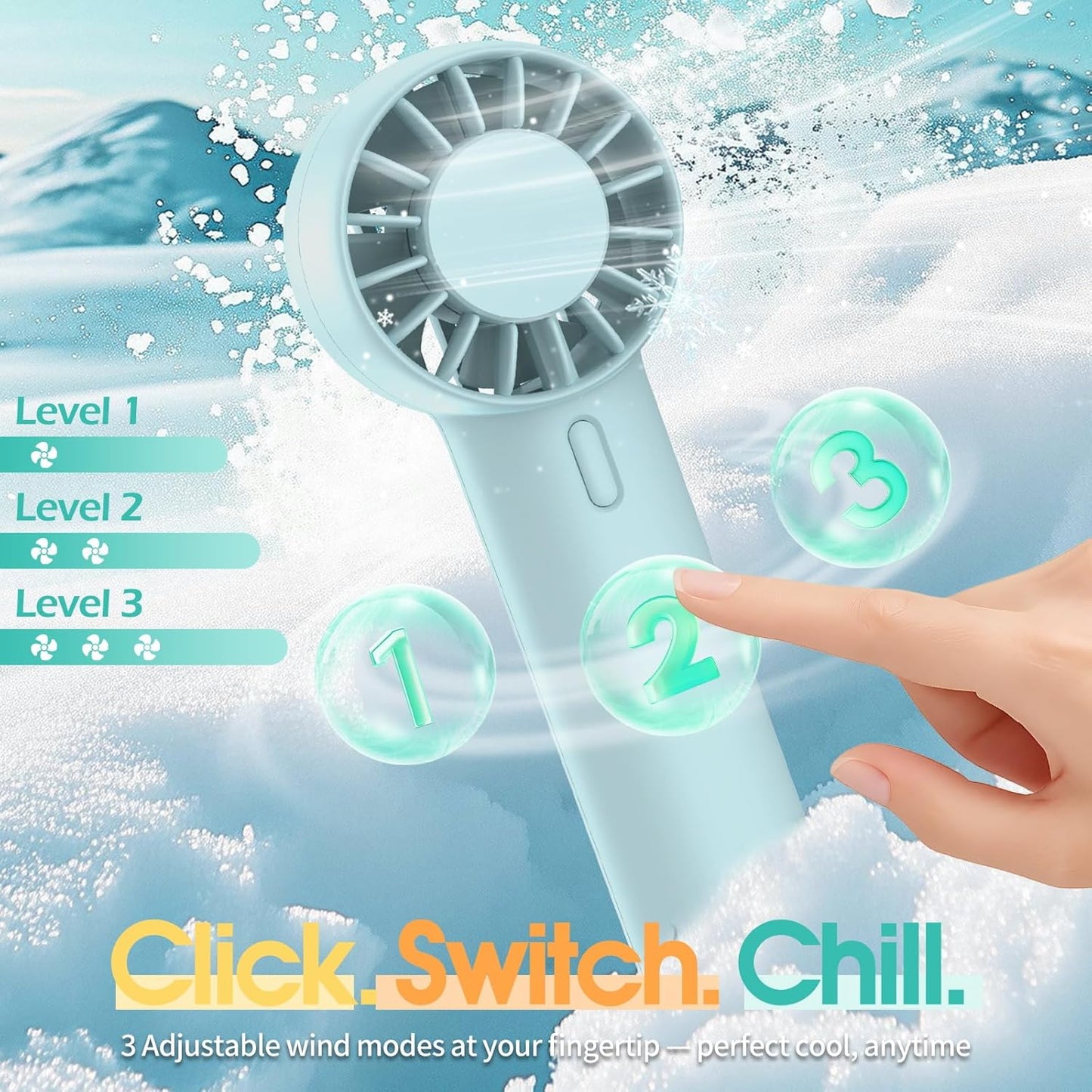 Mini Portable Fan, USB Personal Handheld Fan with 3-Speed Cooling Wind Rechargeable Battery Operated Mini Pocket Design for Desktop/Travel/Outdoor/Vacation/Concerts/Lash Makeup-Blue