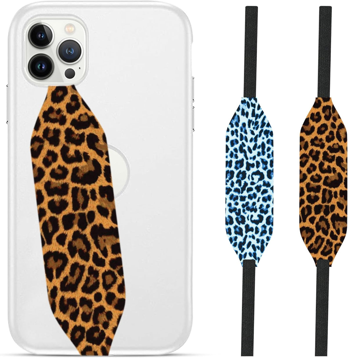 Phone Grip Strap - Pack of 2 Reversible Finger Holder for Phone Back, Customizable Anti-Slip Design, Wireless Charging Compatible Detachable Holder for iPhone - Blue & Gold Cheetah