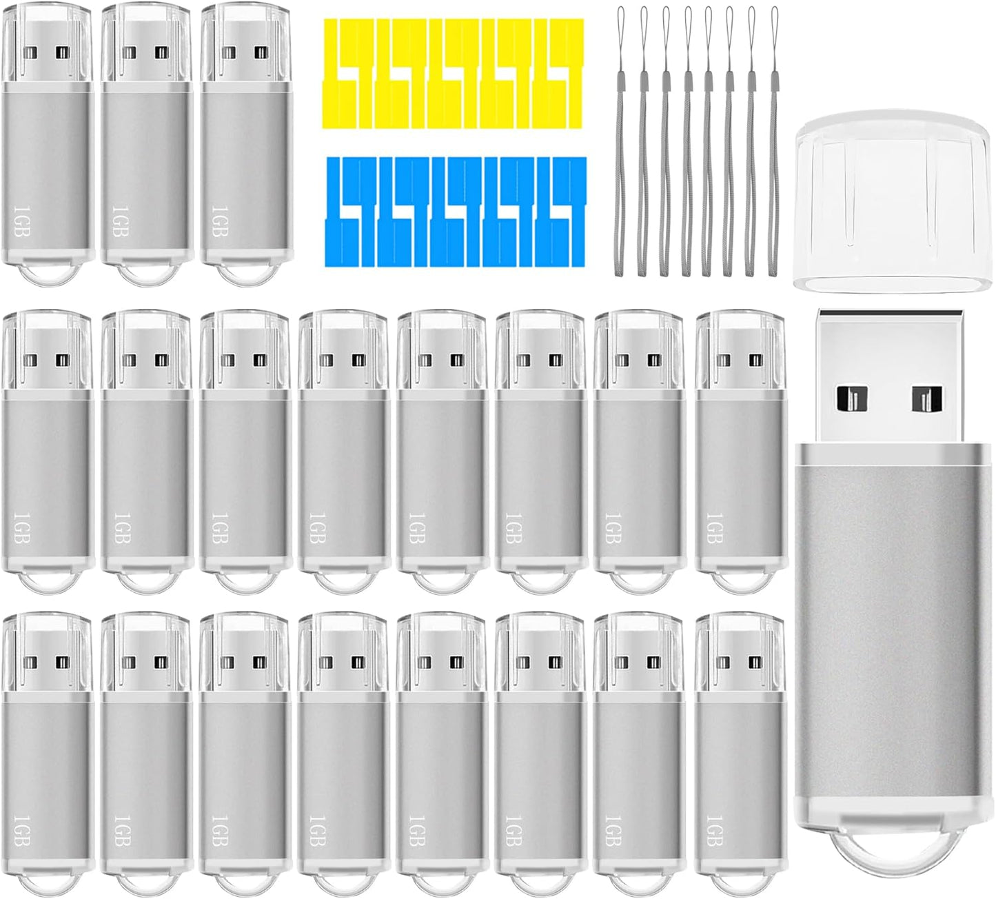 1GB USB Flash Drives 20 Pack, Memorias USB Thumb Drive 2.0 Memory Stick Fat Zip Drive 1 GB Jump Drives Multipack Pendrive with Landards and Lables (Sliver, 1Count 20 Packs)