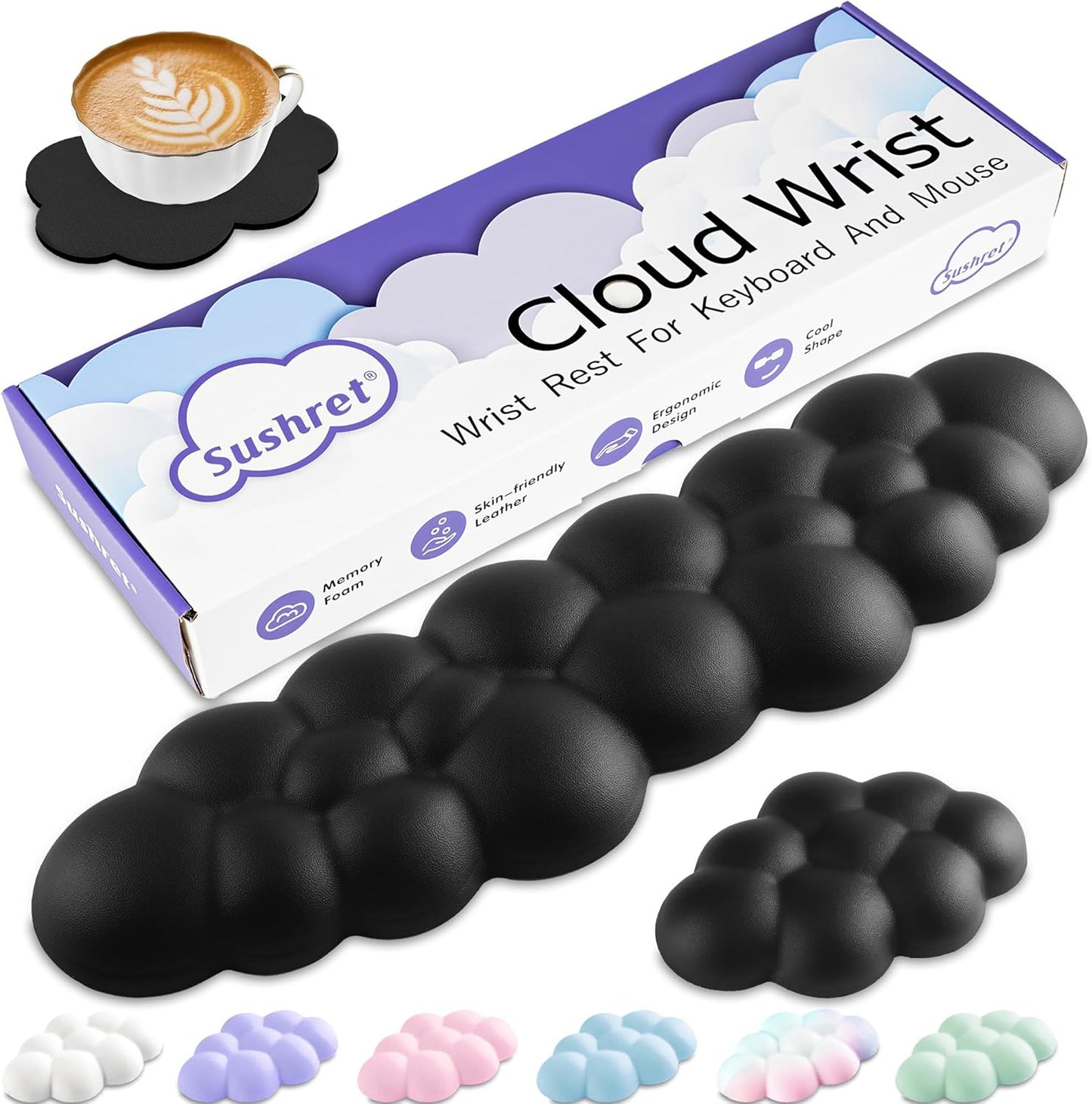 Cloud Wrist Rest Keyboard, Cloud Keyboard Wrist Pad Set with PU Leather Memory Foam, Cute Arm Rest for Palm Support, PC/Gaming Desk Accessories/Office Setup/Computer Hand Cushion - Black