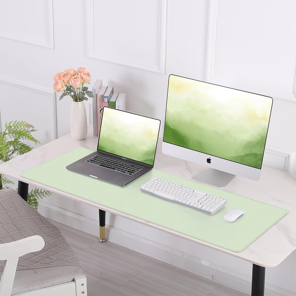 Leather Desk pad Protector, 47in*23in Large Desk mat with Natural Cork & PU Leather,Mouse pad,Non-Slip Office Desk Mat,Waterproof Desk Writing Pad for Office and Home (Light Green)