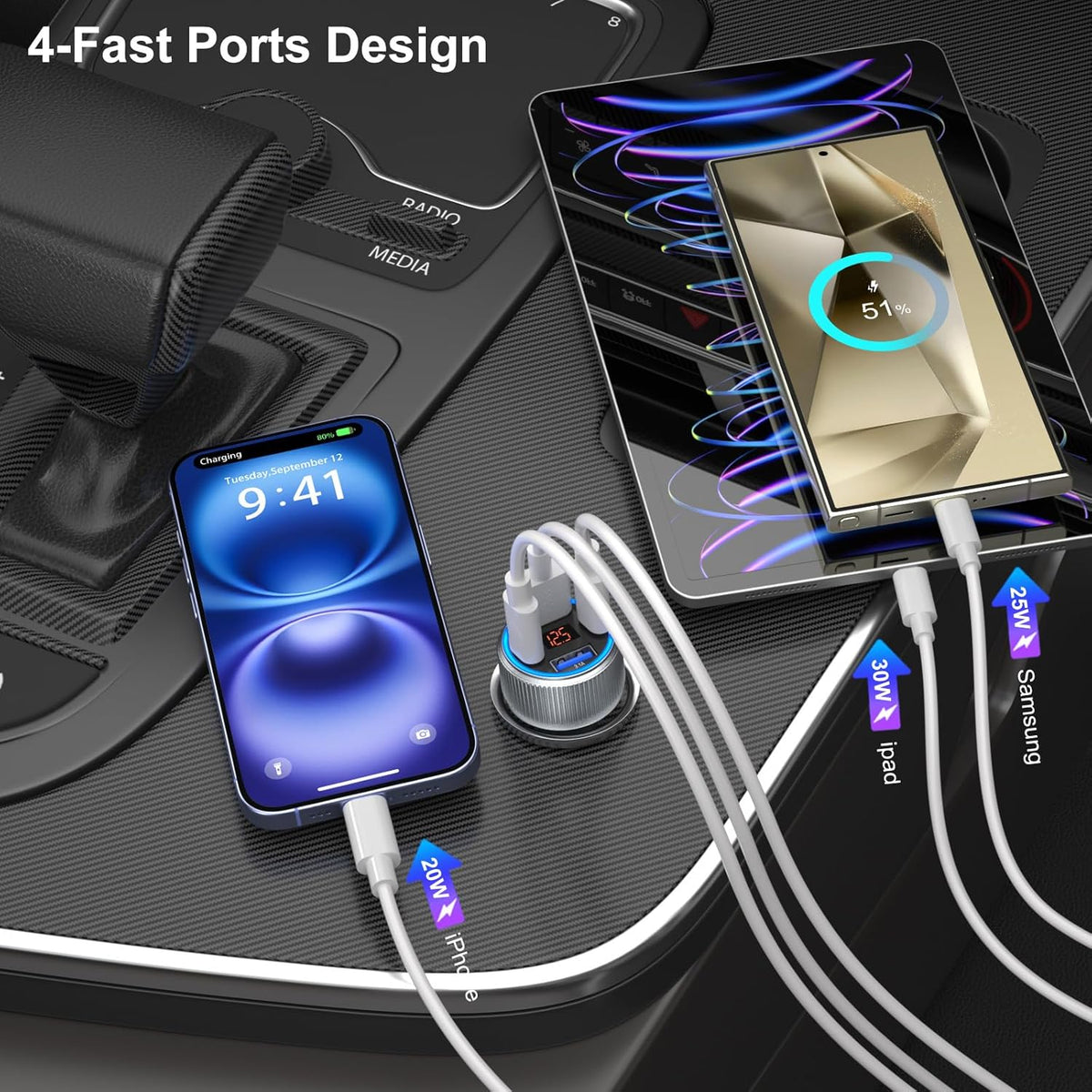 USB C Car Charger, 3 Pack 65W 12V Car Charger Adapter Multi Port QC 3.0+PD 30W Super Fast Cigarette Lighter Adapter Plug with Voltage Meter for iPhone 16/15/14/13/12/11 Pro Max,Samsung,Android(Gray)