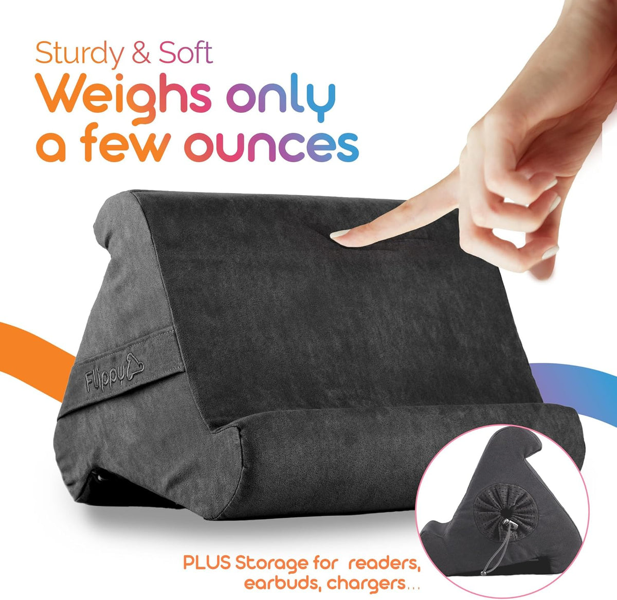Flippy Tablet Pillow Stand - Cushion Tablet Stand & Holder, Bed Support for Lap and Desk, Compatible with Phone & Book Reading: Kindle, iPad Pro, iPhone & Samsung - Smokey