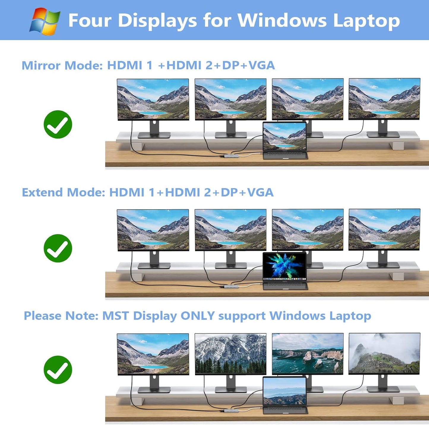 USB C Docking Station Dual Monitor Adapter for Dell HP, Laptop Docking Station 3 Monitors Quadruple Display USB C Hub Dongle to 4K HDMI+DisplayPort+VGA,100W PD, 3USB2.0, 8 in 1 Thunderbolt Dock