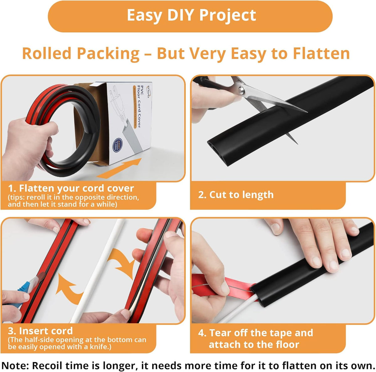 5ft Cord Cover Floor for Extension Cords, Floor Cable Cover, Self-adhesive Wire Cover to Protect Cables & Prevent Tripping, PVC Cord Hider Floor Cord Protector, Internal Channel Diameter: 0.39", Black