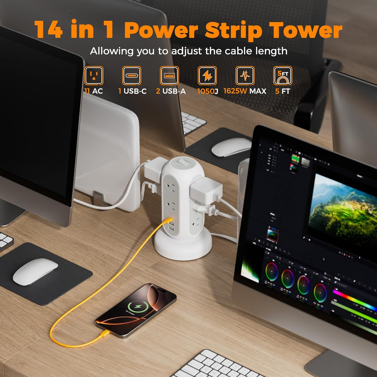 Surge Protector Power Strip Tower, TESSAN 5 FT Retractable Extension Cord with Multiple Outlets, 11 Outlets with 3 USB (1 USB C) Charging Station, 1050J, Office Desk Supplies, Dorm Essentials