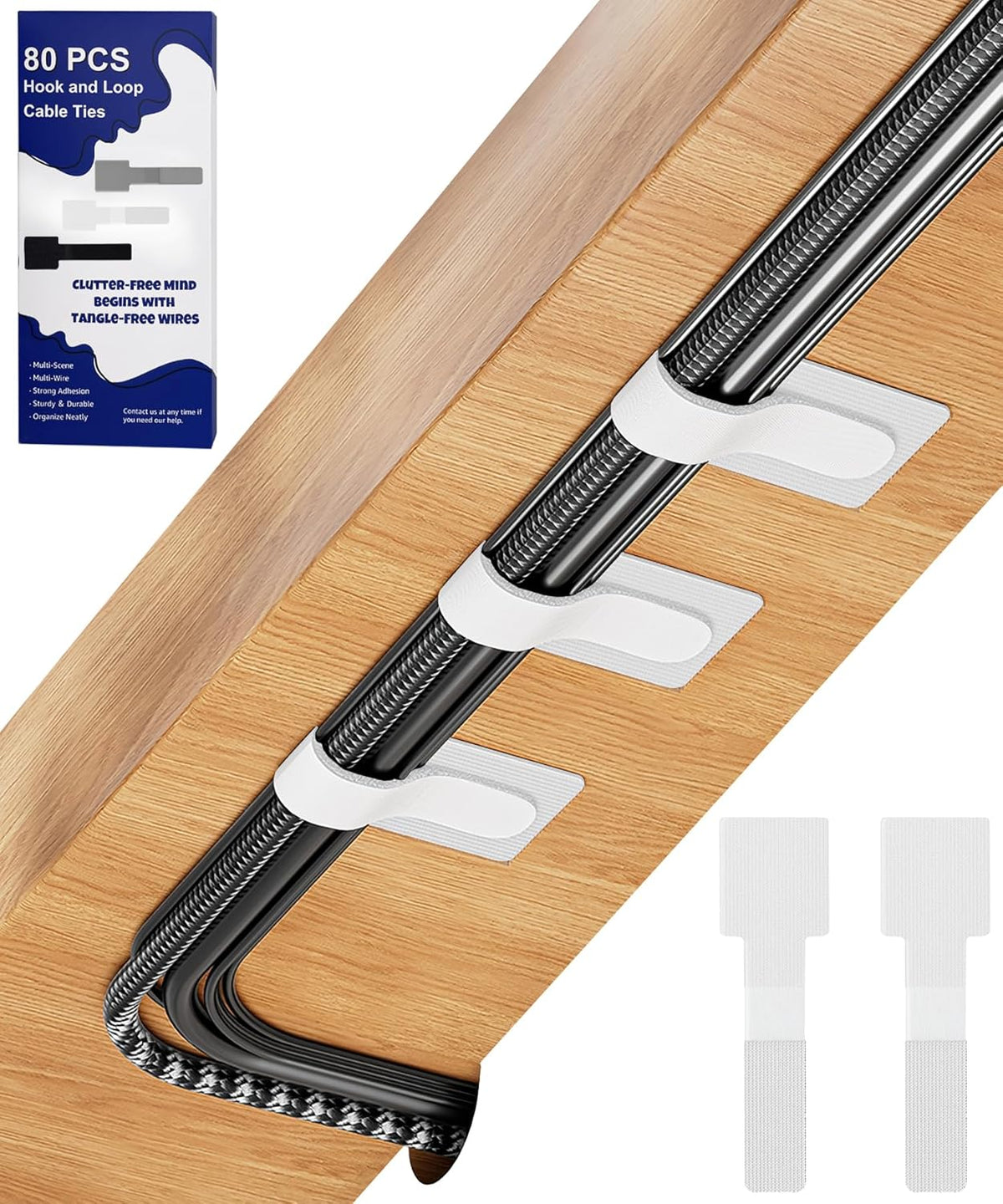 80PCS Hook and Loop Cable Ties, Hook and Loop Cable Straps, Under Desk Cable Management, Adhesive Cable Clips, Sticky-Back Cord Organizer for Desk, Household & Office Organization (White)