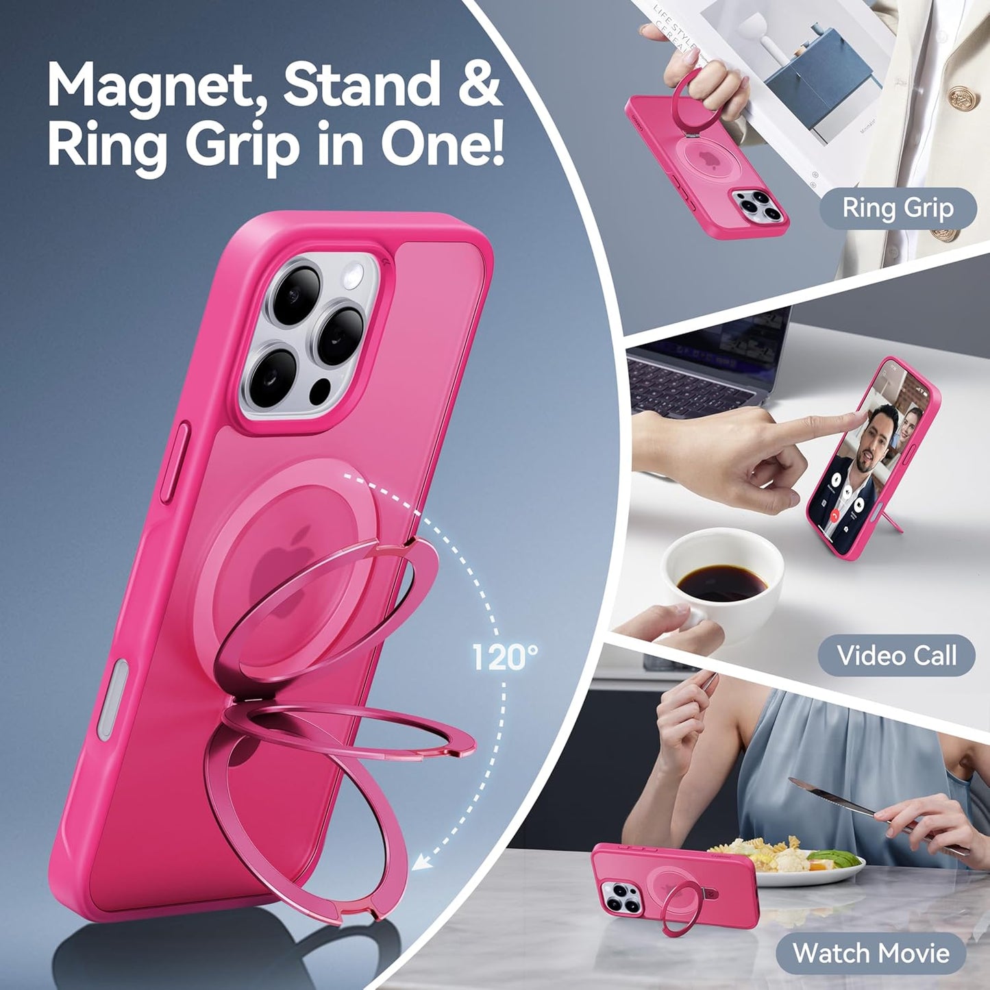 CASEKOO Designed for iPhone 14 Pro Max Case with Magnetic Invisible Stand [Military Drop Protection] [Compatible with MagSafe] Shockproof Slim Translucent Matte Promax Case 6.7 Inch, Hot Pink