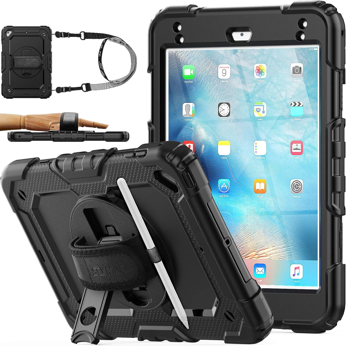 SEYMAC stock Case for iPad mini 5/4 with Screen Protector Pencil Holder [360 Rotating Hand Strap] & Stand, Drop-Proof Case for iPad mini 5th/4th Generation 7.9 inch (Black)