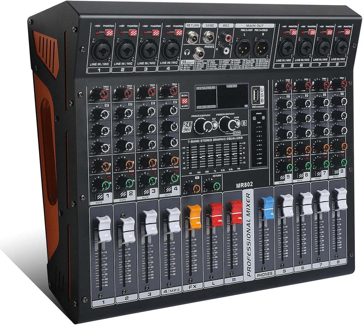 Audio Mixer 8 Channel, DJ Mixer Board with Power Amplifier, Audio Sound Card with 48V Phantom Power, Usb Audio Interface, Sounds Mixer Board with 99 DSP FX Reverb Delay Effect for Streaming