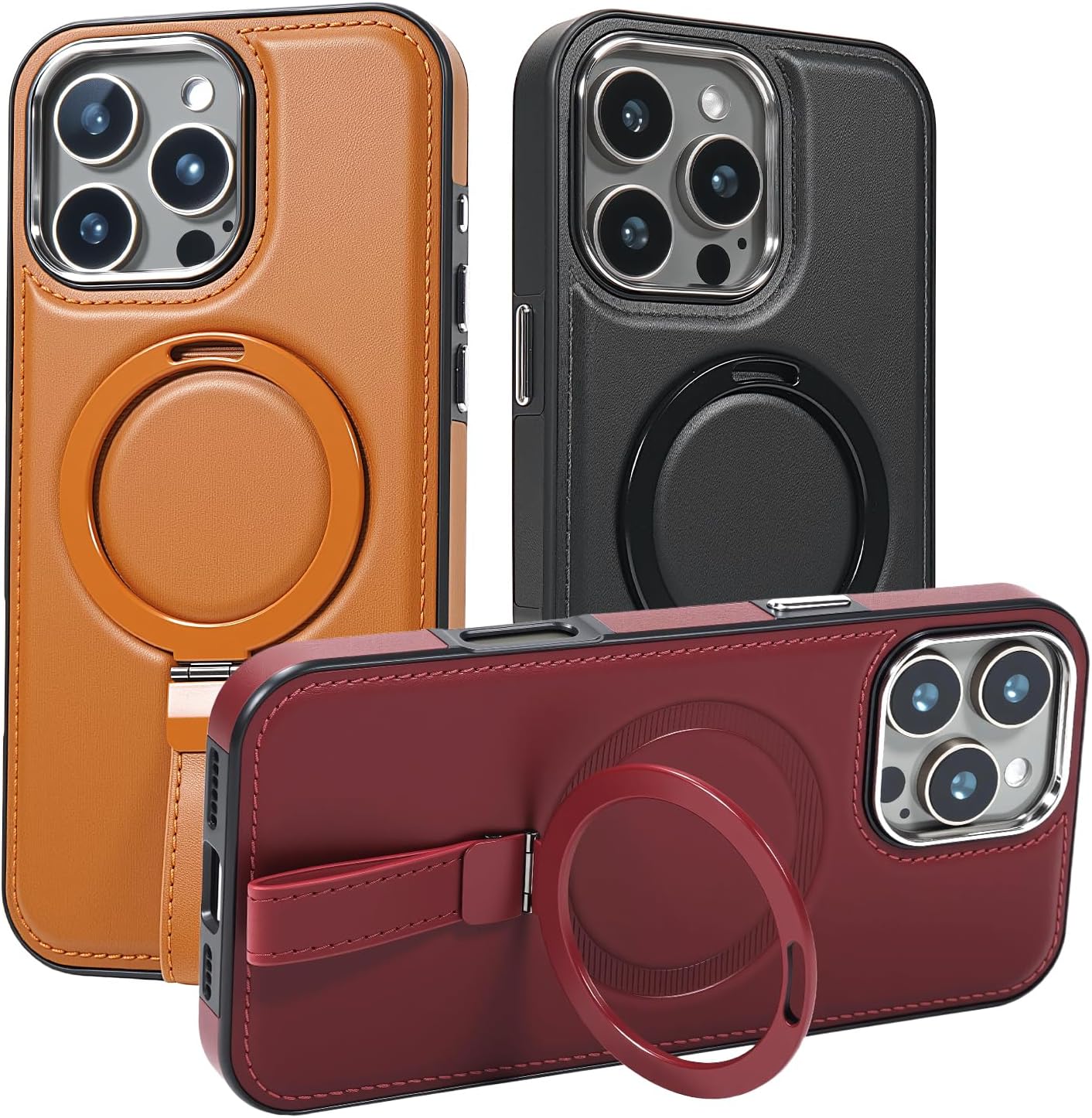 Leather Case, Suitable for iPhone 16 Pro Max Case, Invisible Magnetic Design, Equipped with a Lanyard and Foldable Stand, Black, Yellow and red (Black, iPhone 16 Pro Max)