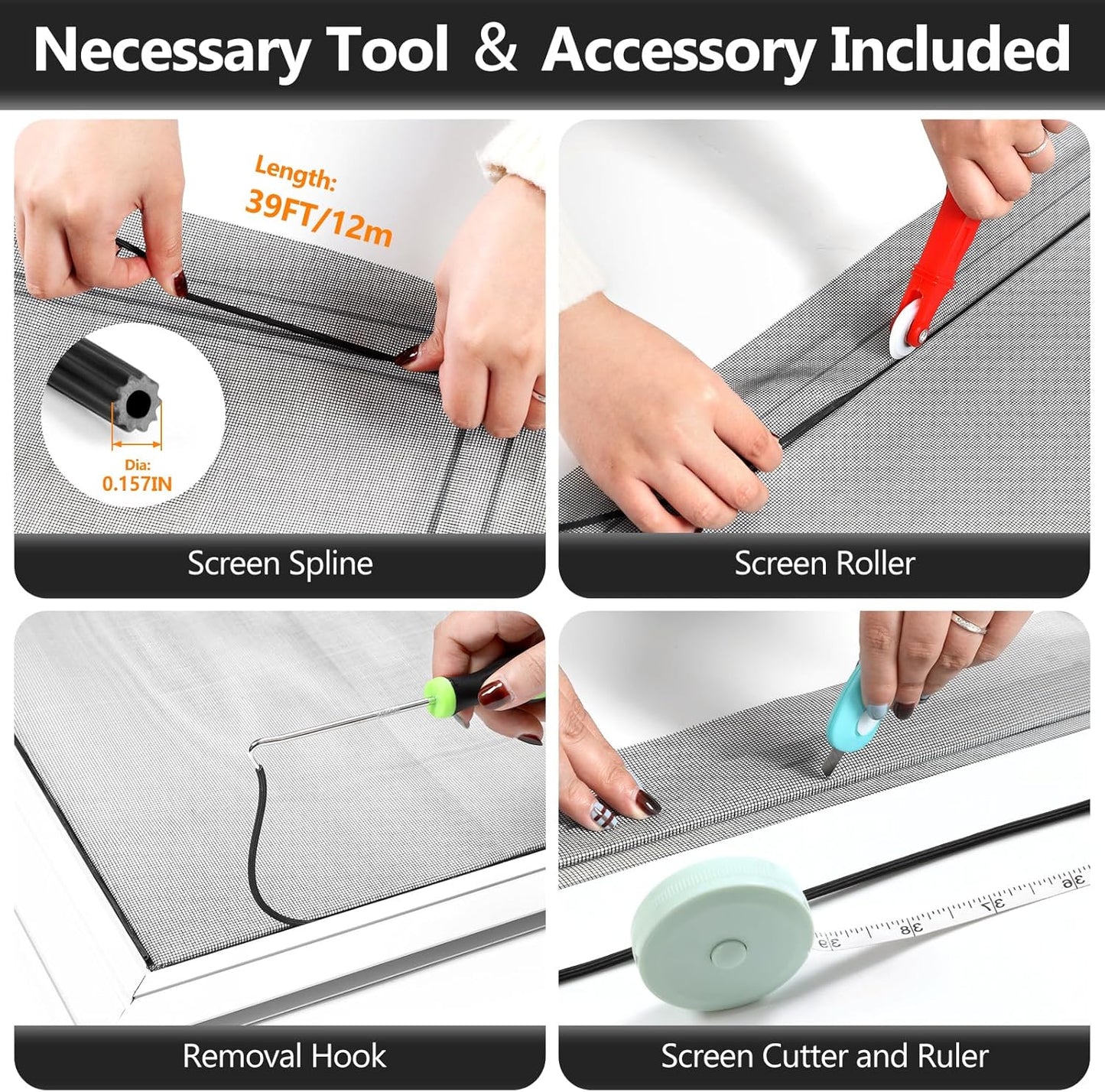 Window Screen Door Repair Kit, 59" x 159" Screen Door Mesh Replacement Kit, Durable Fiberglass Mesh Roll with Tools for Windows Doors Patio and Porch Replacement, Black