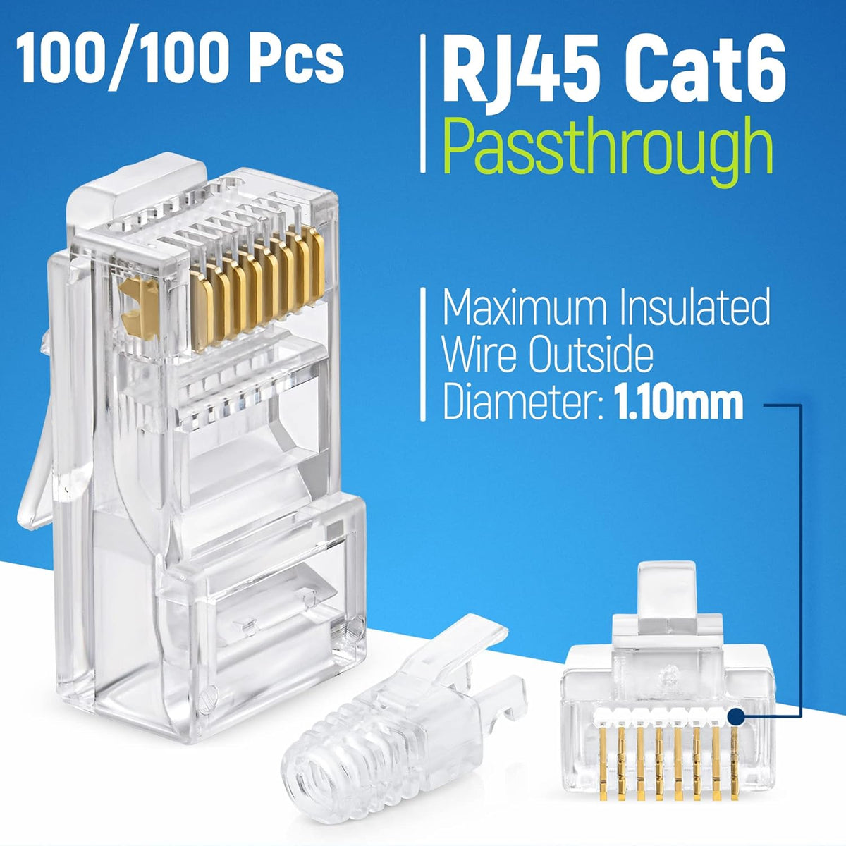 GTZ RJ45 Cat6 Pass Through Connectors and Strain Relief Boots - Pack of 100/100 - EZ to Crimp Modular Plug for Solid or Stranded UTP Network Cable