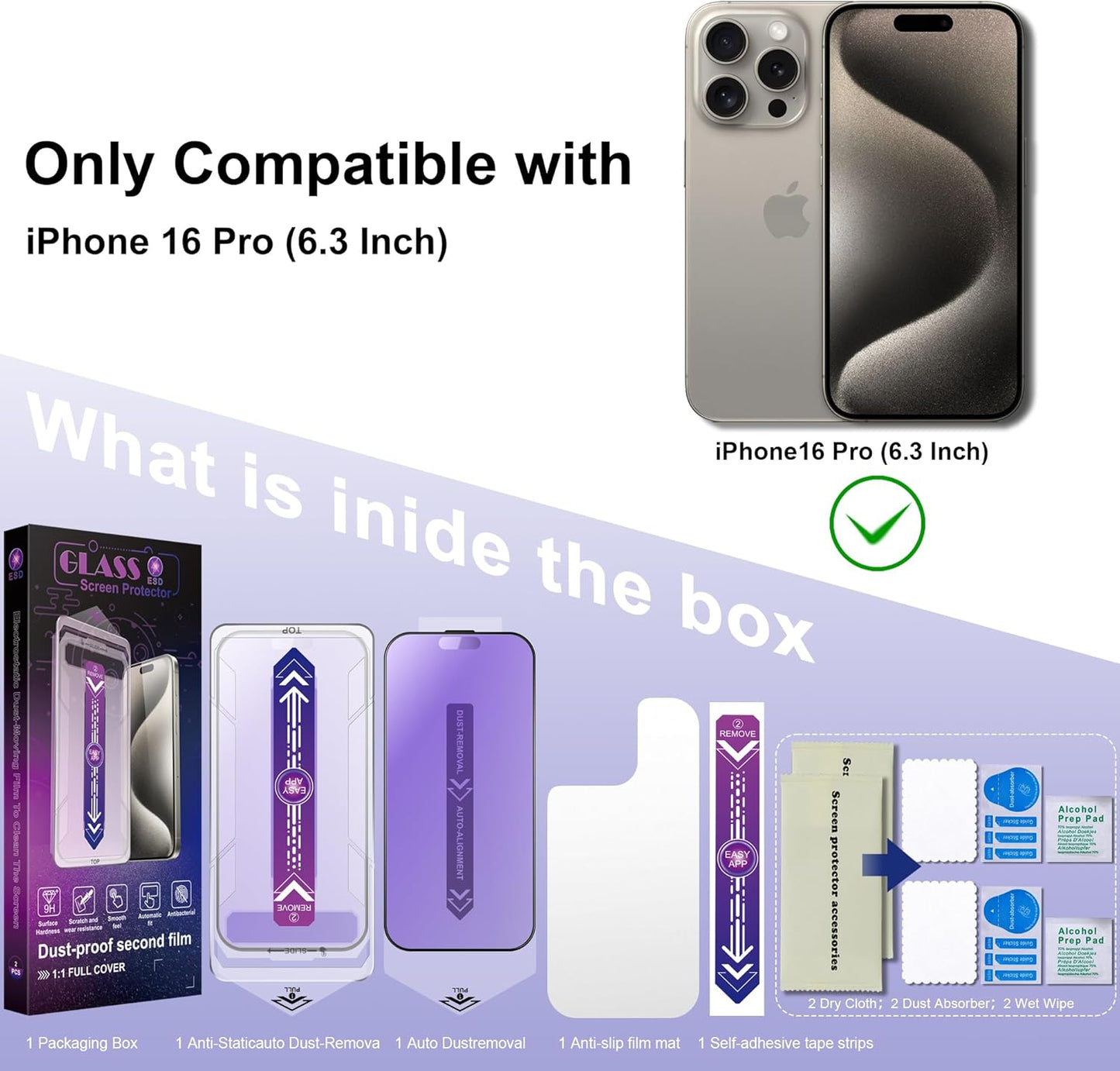 2 Pack Anti Blue Light Matte Screen Protector for iPhone 16 Pro 6.3-Inch Auto Dust Removal, No Bubbles, Tempered Glass Film, Easy Installation