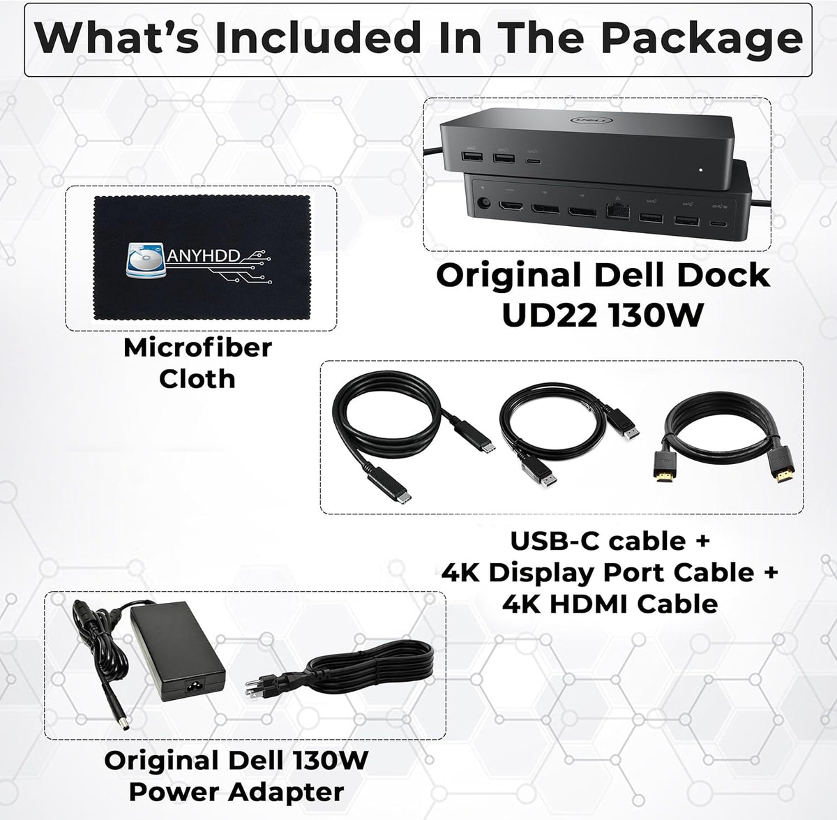 UD22 Dell Docking Station Dual Monitor Bundle - USB-C/USB-A Universal Dell Dock for Laptops with 130W Adapter + 4K HDMI Cable + 4K DisplayPort + USB-C Cable + Microfiber Cloth - Supports 4K Display