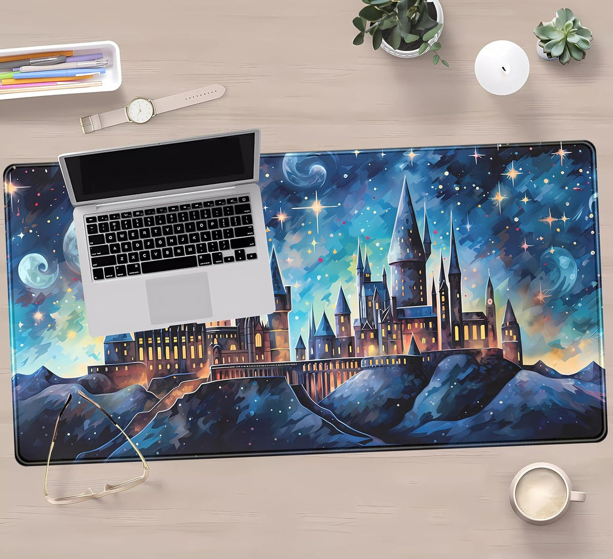 Blue Castle Desk Mat Aesthetic Cute Desk Pad, Extended Large Mouse Pad XXL Gaming Keyboard Pad, Computer Desktop Mouse Mat Full Desk Laptop Mat, Fantasy Art Office Desk Accessories 31.5" x 15.7"