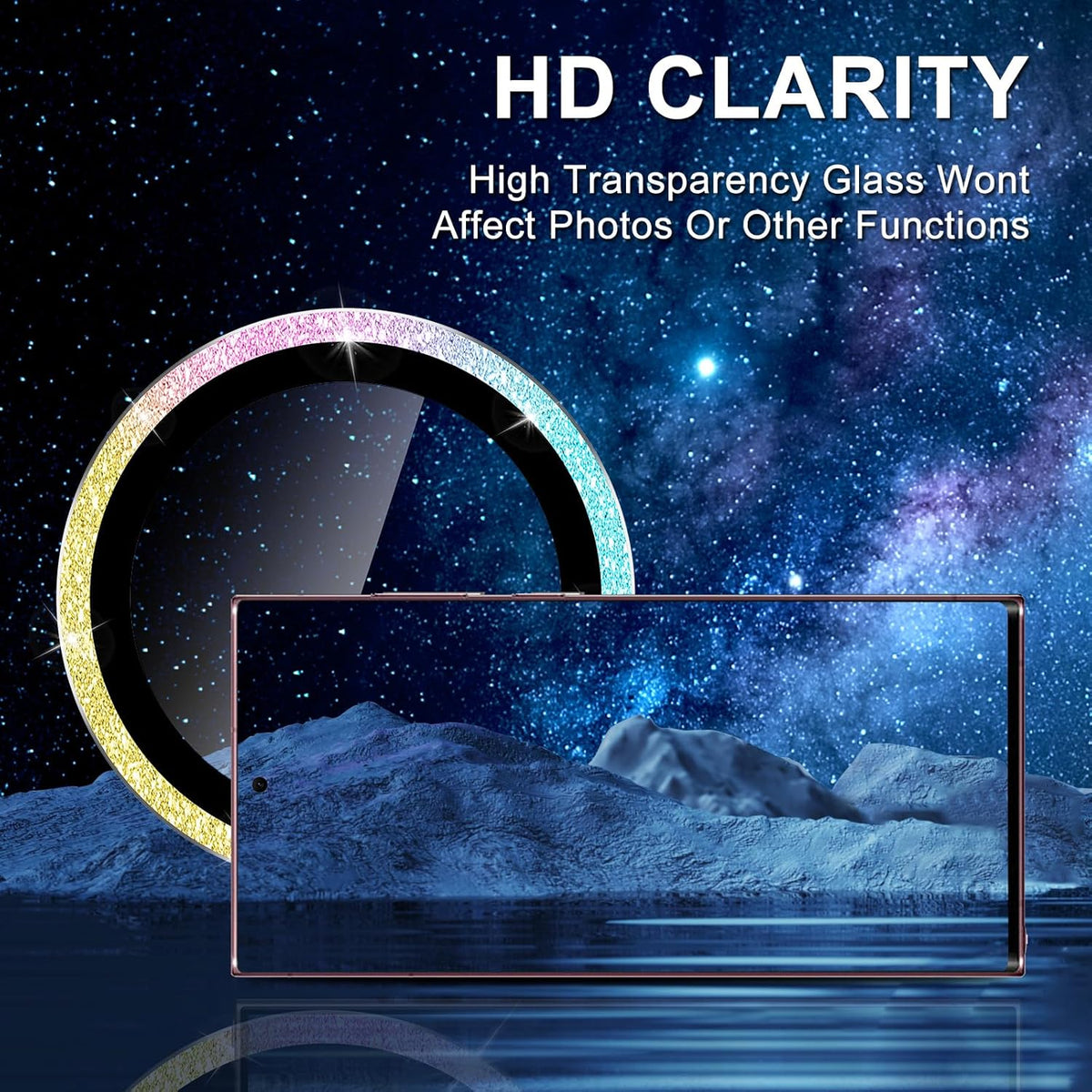 for Samsung Galaxy S22 Ultra Camera Lens Protector, Individual Metal Ring Tempered Glass Lens Cover, [Strong Adsorption] Scratch Resistant Ultra-Thin HD Clear Lens Cover,1 Set-Colorful Sparkly