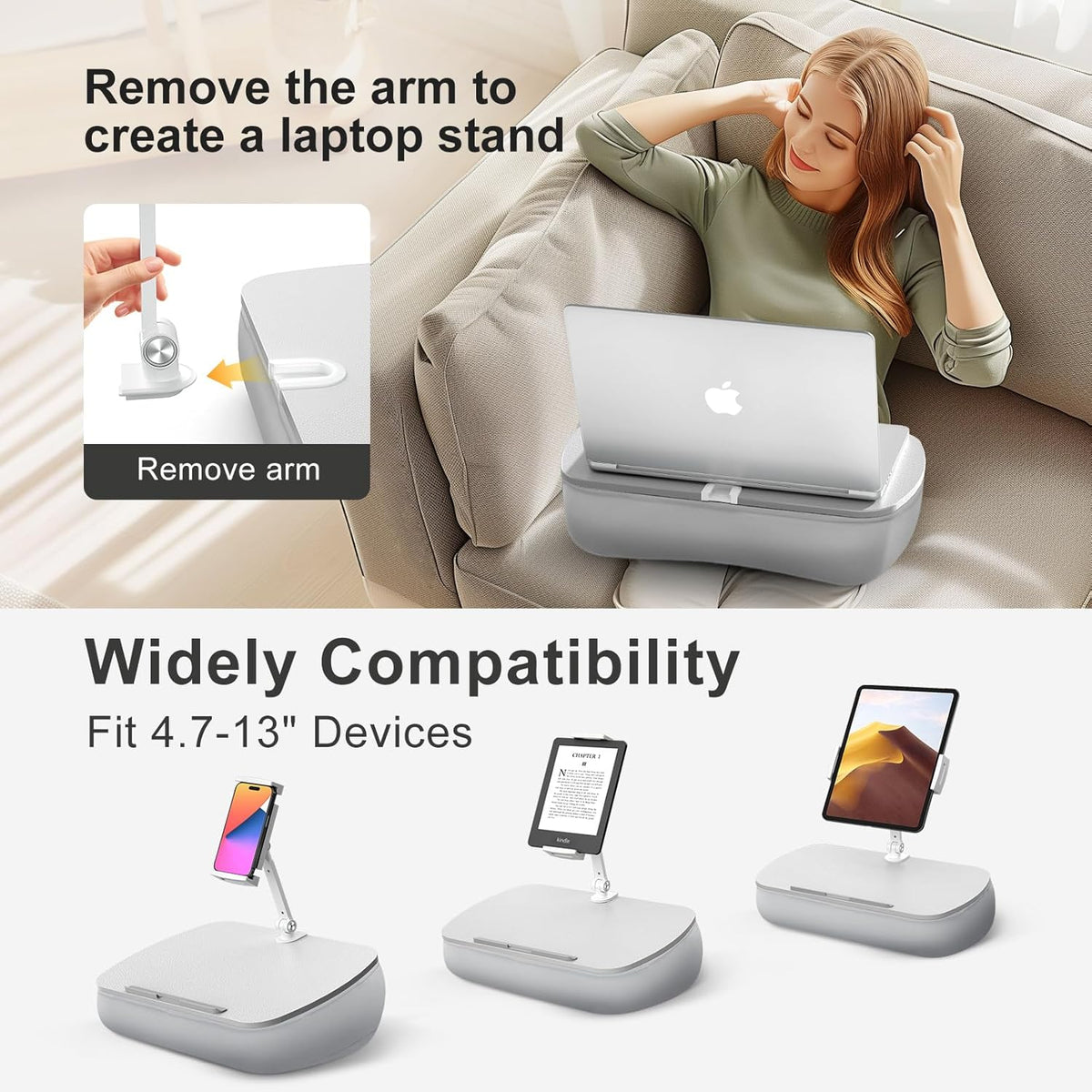 Lap Beanbag Cozy Kindle Pillow Stand for Bed with Adjustable Arm, 360° Tablet Holder, Fits 4.7"-13" Kindle, iPad, Phone, Laptop, Lap Desk for Hands Free Reading in Bed, Couch, Sofa(Light gary)
