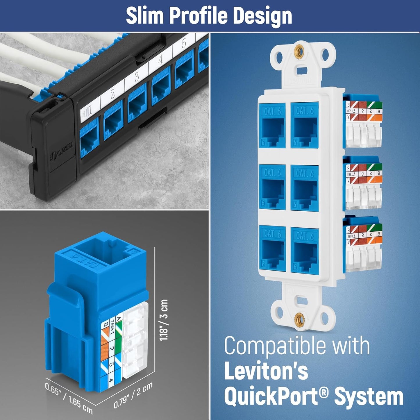 Everest 90° Angled RJ45 Cat6 Keystone Jacks 20-Pack in Blue - Slim Profile Female RJ45 Connectors - Cat 6 Keystone Jack - Compatible with 90° Angled Speed Termination Tool - easyJACK (B094WB91H3)