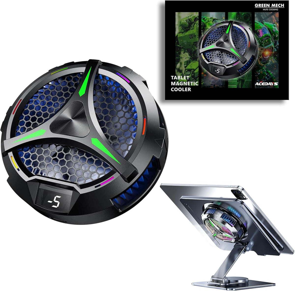 Magnetic Cooler for iPad,Tablet Cooler for ipad/Surface pro/Samsung Tab,Universal Radiator with Temperature Display for Mobile Gaming,Tiktok Live Streaming(Including Tablet Stand Holder)