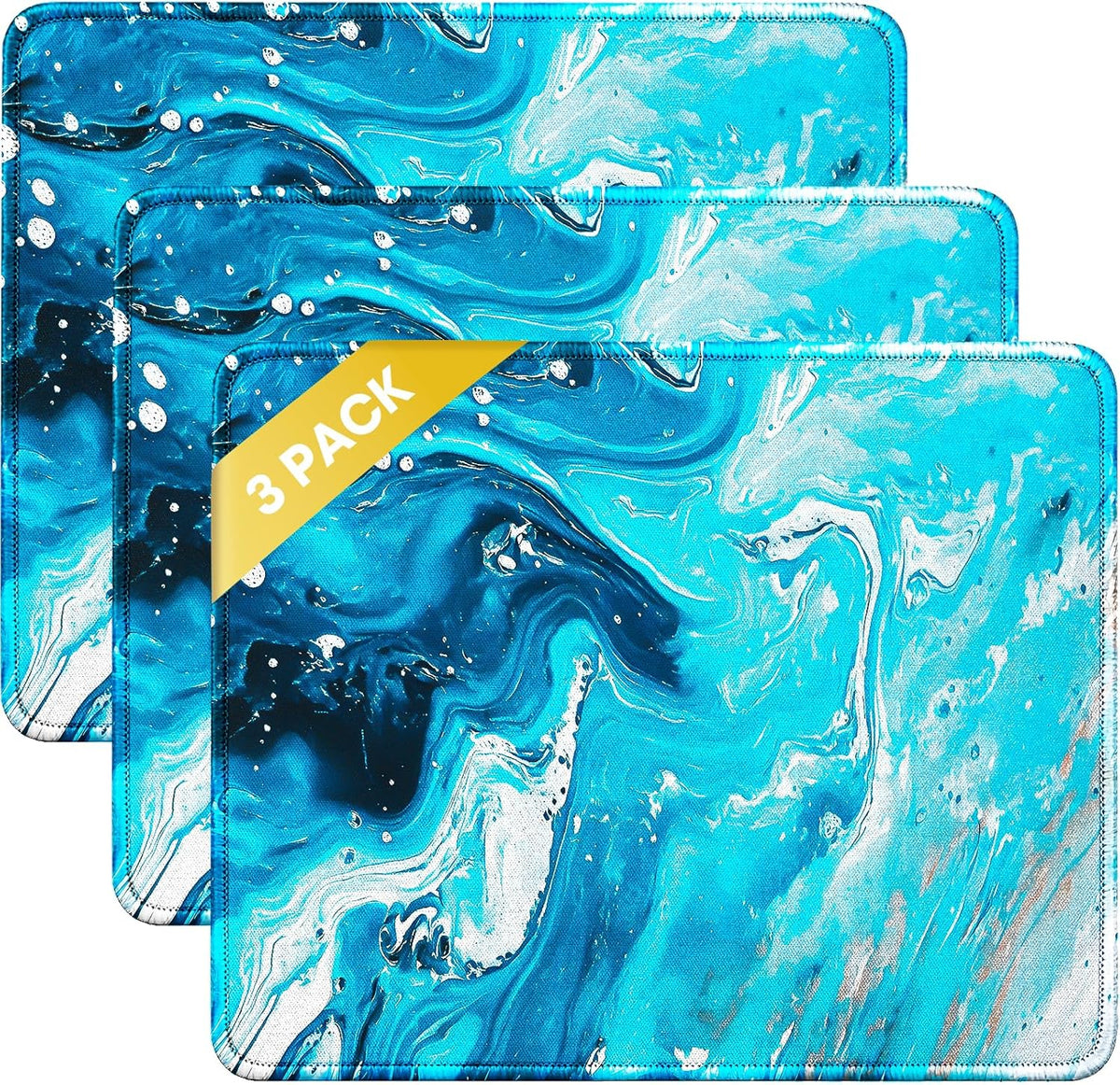 JIKIOU 3 Pack Mouse Pad with Stitched Edge, Comfortable Mouse Pads with Non-Slip Rubber Base, Washable Mousepads Bulk with Lycra Cloth, Mouse Pads for Computers Laptop Mouse 10.2x8.3x0.12in Blue Wave