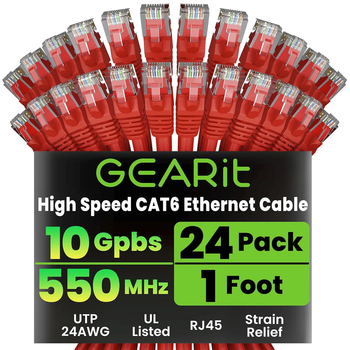 GearIT Cat 6 Ethernet Cable (24-Pack 1 Foot) Cat6 Network Patch, 10Gbps, RJ45, Snagless Cord, Gold-Plated Connectors, Internet for PC, TV, Tablet, Router, Printer, Servers, IT Data Center - Red