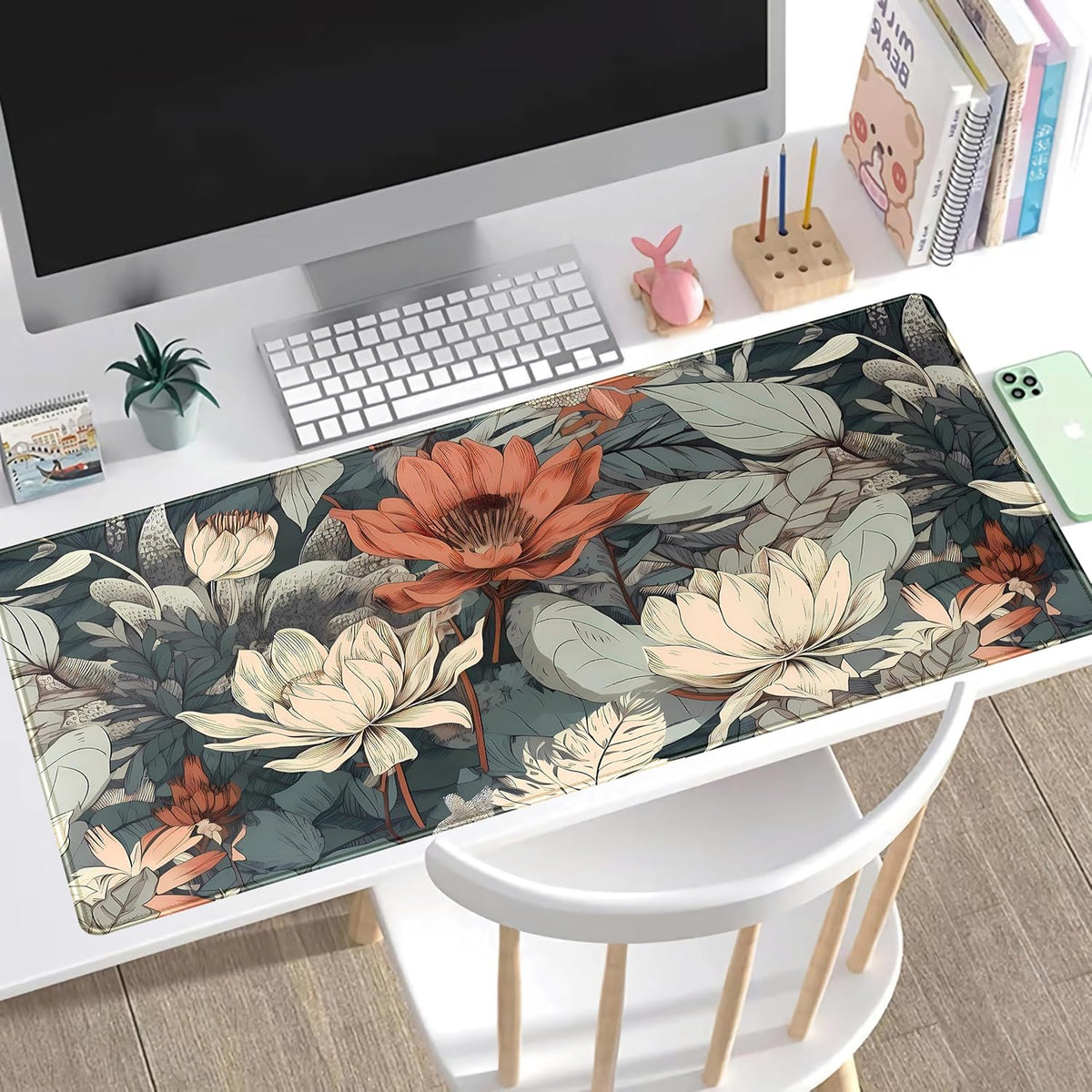 Vintage Floral Desk Mat XXL Large Gaming Mouse Pad Extended Desk Pad, Tropical Plants Laptop Keyboard Mouse Mat with Stitched Edges 31.5x15.75 in, Computer Mat Mousepad for desk Decor Office Gift