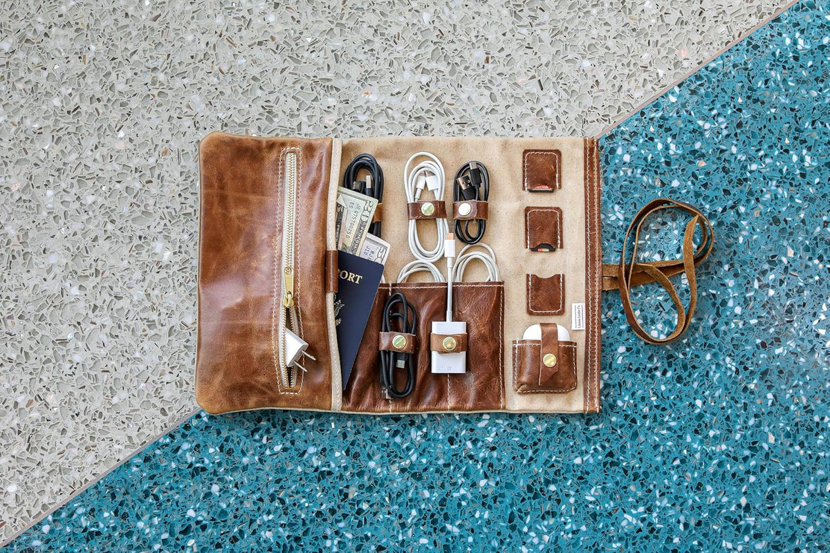 Tech Roll Organizer, Travel Tech Organizer, Cord Organizer, Jewelry Case (Natural - Brandy)