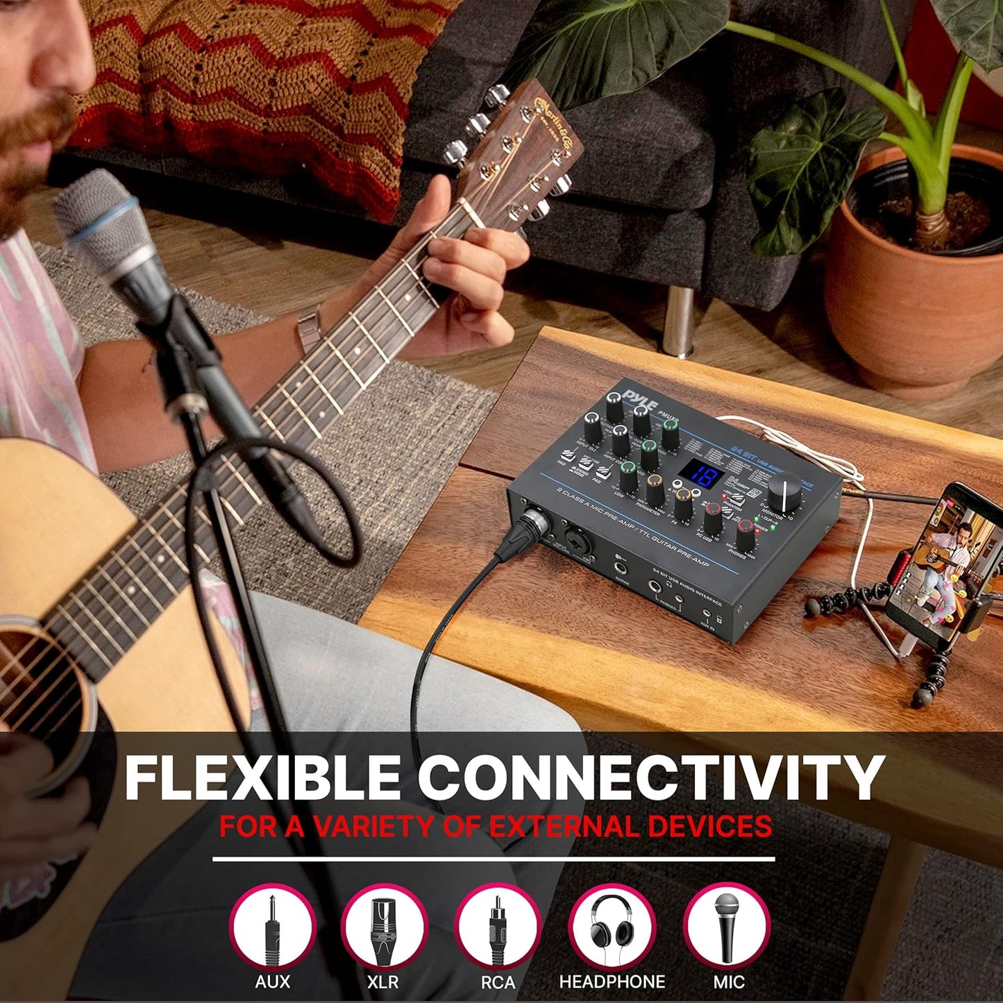 Pyle USB Audio Interface - MIC/LINE - Guitar - AUX Stereo & RCA Inputs - Preset 24 Digital Effects - Phantom Power - Phone/Stereo/Monitor/Headphone Outputs - For Computer Playing & Recording - PMUX9