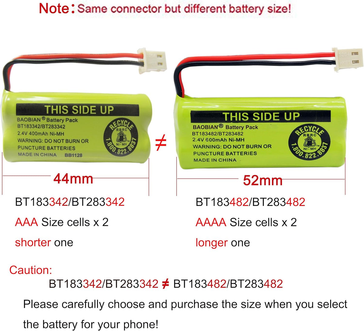 2.4V 400mAh Cordless Home Phone Battery Compatible with AT&T BT162342 BT-162342 BT166342 BT-166342 BT266342 BT-266342 BT183342 BT-183342 BT283342 BT-283342 VTech CS6329 CS6114 CS6419(4 Pack)