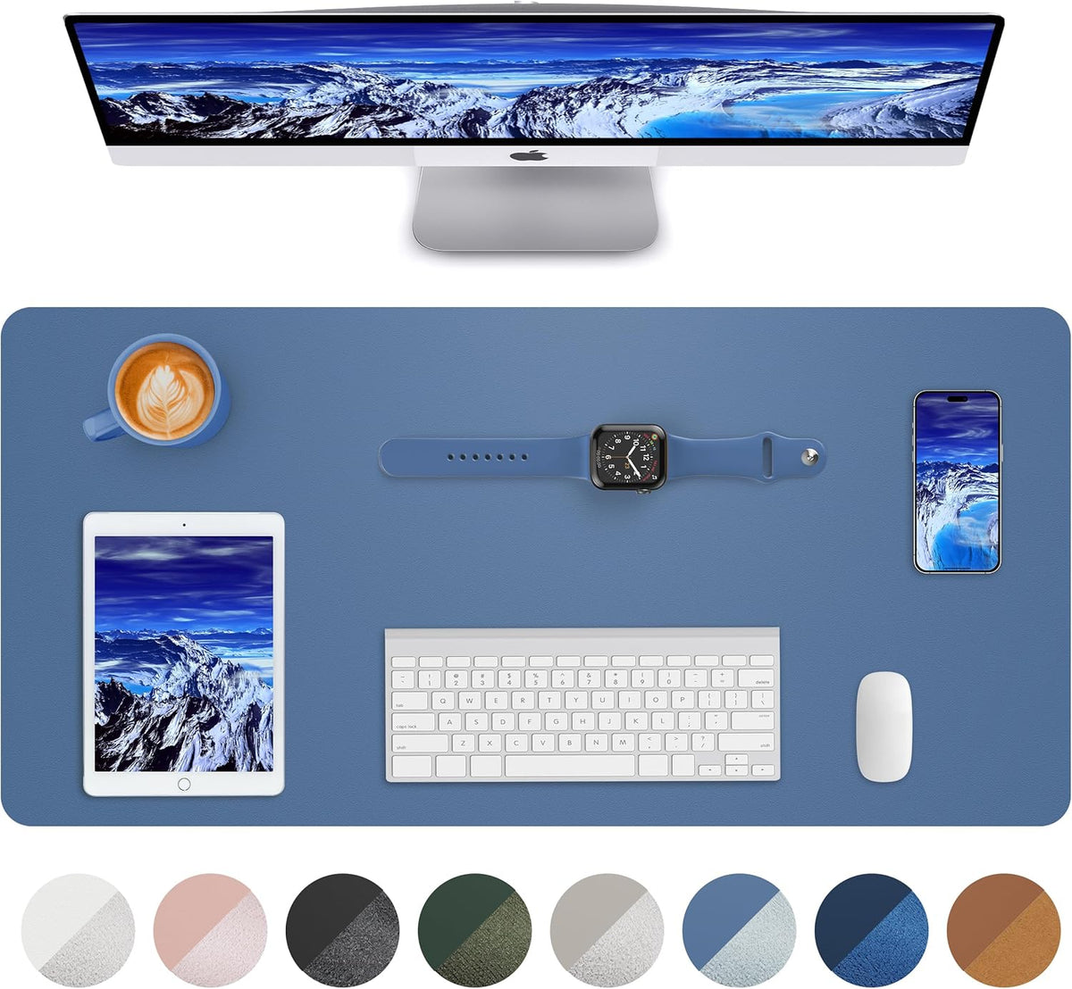 Leather Desk Pad Blotter,Mouse Pad,Office Desk Mat, Non-Slip PU Leather Desk mat,Large Desk mat,Waterproof Keyboard mat for Office/Home/Decor (Grey Blue,35" x 17")