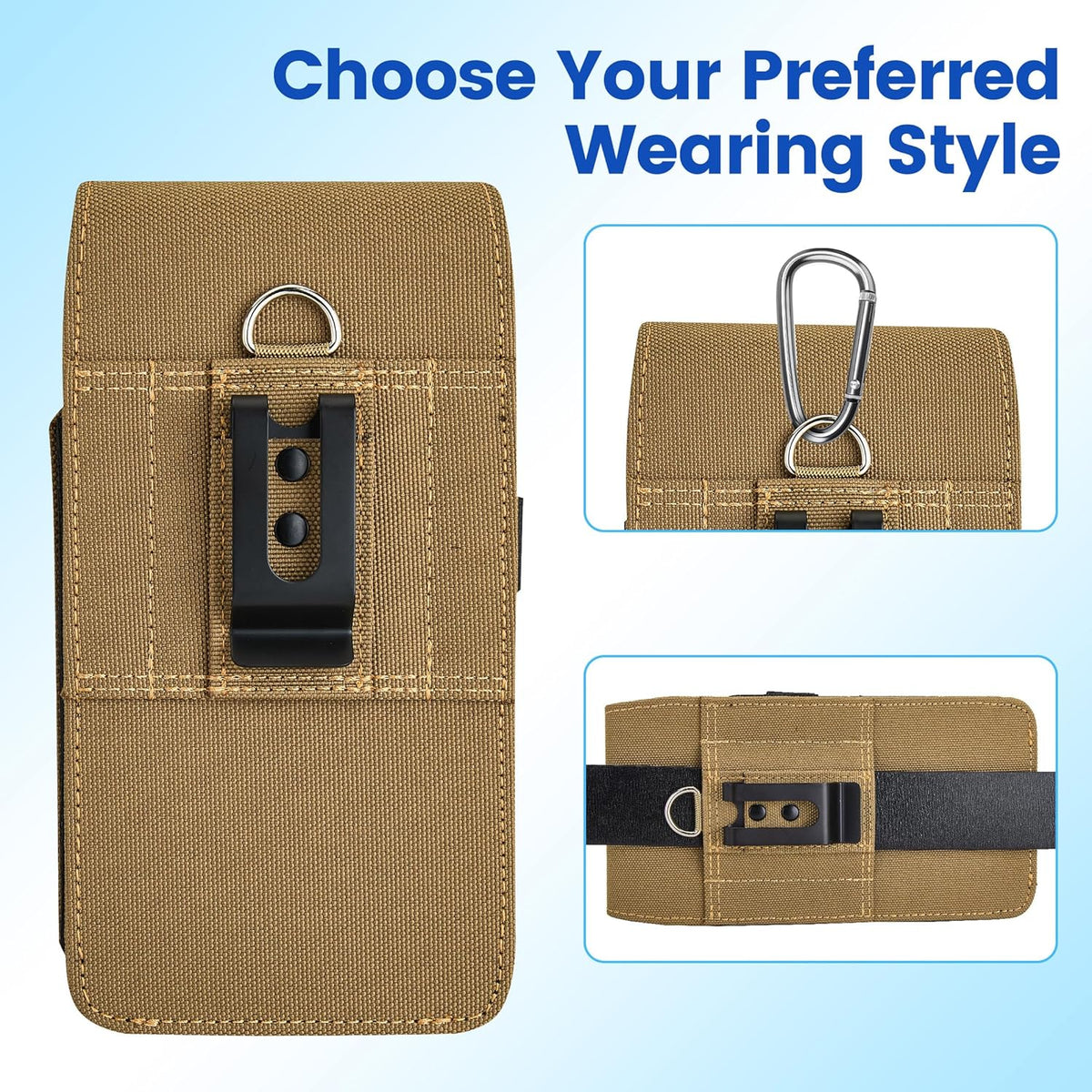 BECPLT for iPhone 17 Pro 17 16/15/14/13/12/11 Pro Belt Case Nylon Phone Holster with Belt Clip and Belt Loops Cell Phone Holder Carrying Pouch for Galaxy S25 S24 S23 S22 S21 S20 - Khaki