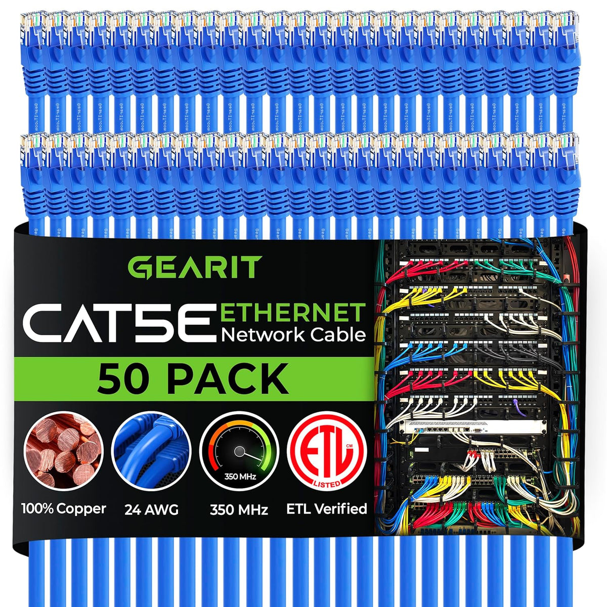 GearIT 50-Pack, Cat5e Ethernet Patch Cable 1.5 Feet - Snagless RJ45 Computer LAN Network Cord, Blue - Compatible with 48 Port Switch POE Rackmount 48port Gigabit