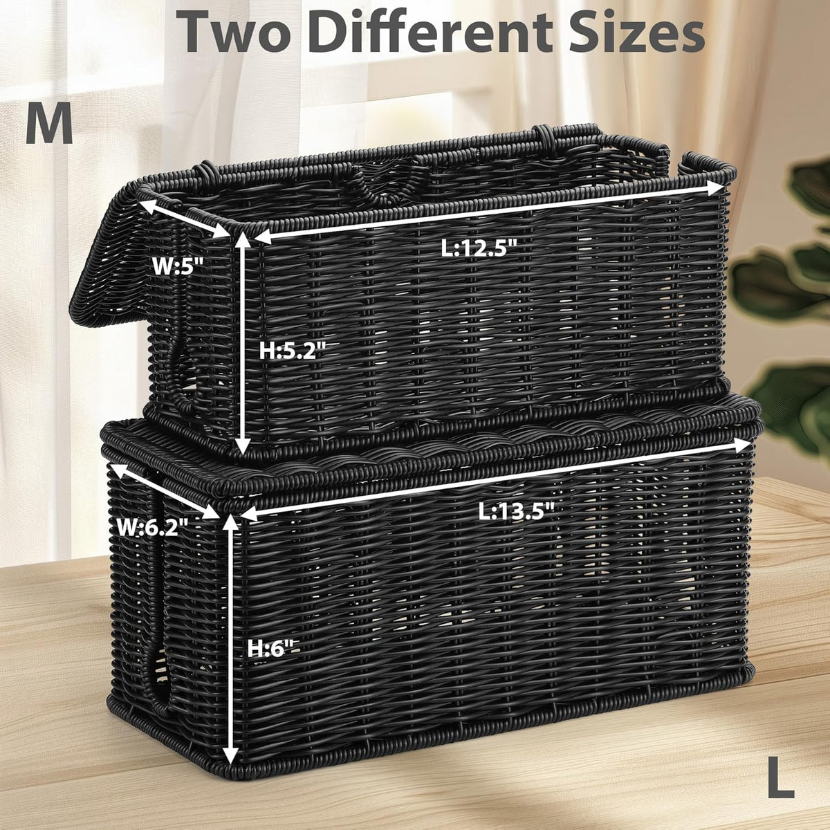 2Pack Large Cable Management Box Black, Handwoven Imitation Rattan Cord Organizer Cord Hider, Desk Cord Management Box to Hide Cords and Power Strips on Desk or Floor
