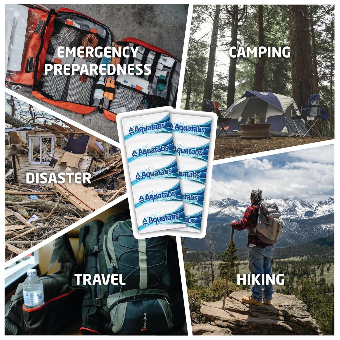 Aquatabs 49mg Water Purification Tablets (50 Pack). Water Filtration System for Hiking, Backpacking, Camping, Emergencies, Survival, and Home-Use. Easy to Use Treatment and Disinfection.