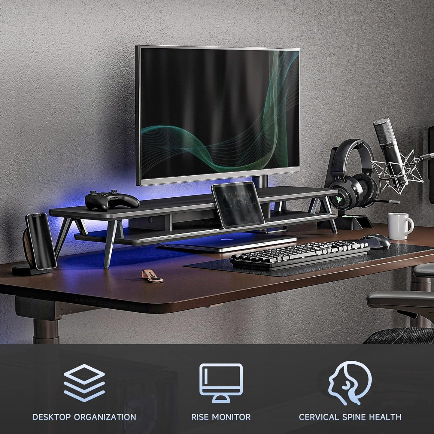 Fenge Dual Monitor Stand, Monitor Stands Riser for 2 monitors, 42.5 Inch Wood Desk Shelf with Storage Organizer and Cable Management for Office Desk Accessories