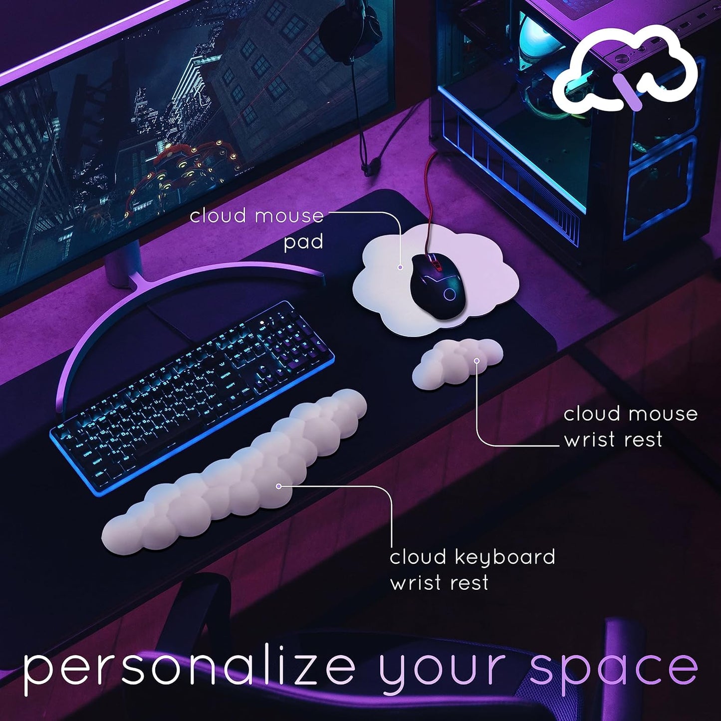 Qloud Cloud Wrist Rest Keyboard Wrist Rest for Computer Keyboard Pad, Cloud Keyboard Wrist Rest, Wrist Pad for Keyboard, Memory Foam, Non Slip Base, Comes with Mouse Pad - Matte Black