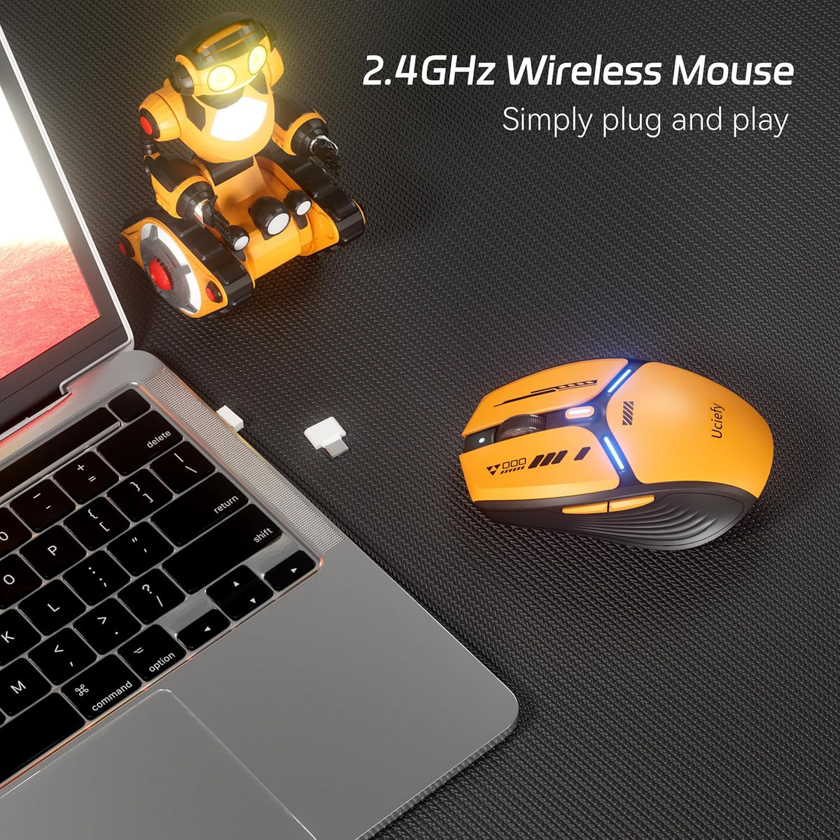 Uciefy V19 Wireless Mouse, 2.4GHz Rechargeable Mouse LED with Battery Indicator, Magnetic Computer Mice with USB Receiver & Type-C Adapter for Laptop/PC/Mac/Chromebook-Orange