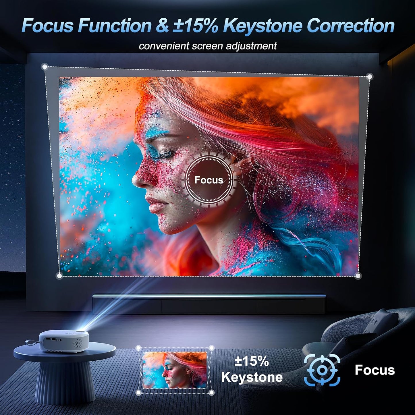 15000 Lumens Outdoor Movie Projector - Native 1080P HD Portable Projector with WiFi 6/Bluetooth 5.2, 300" Screen | Compatible with iPhone, Android, Fire Stick, PS5, Xbox(USB-C Cable) ±15° Keystone